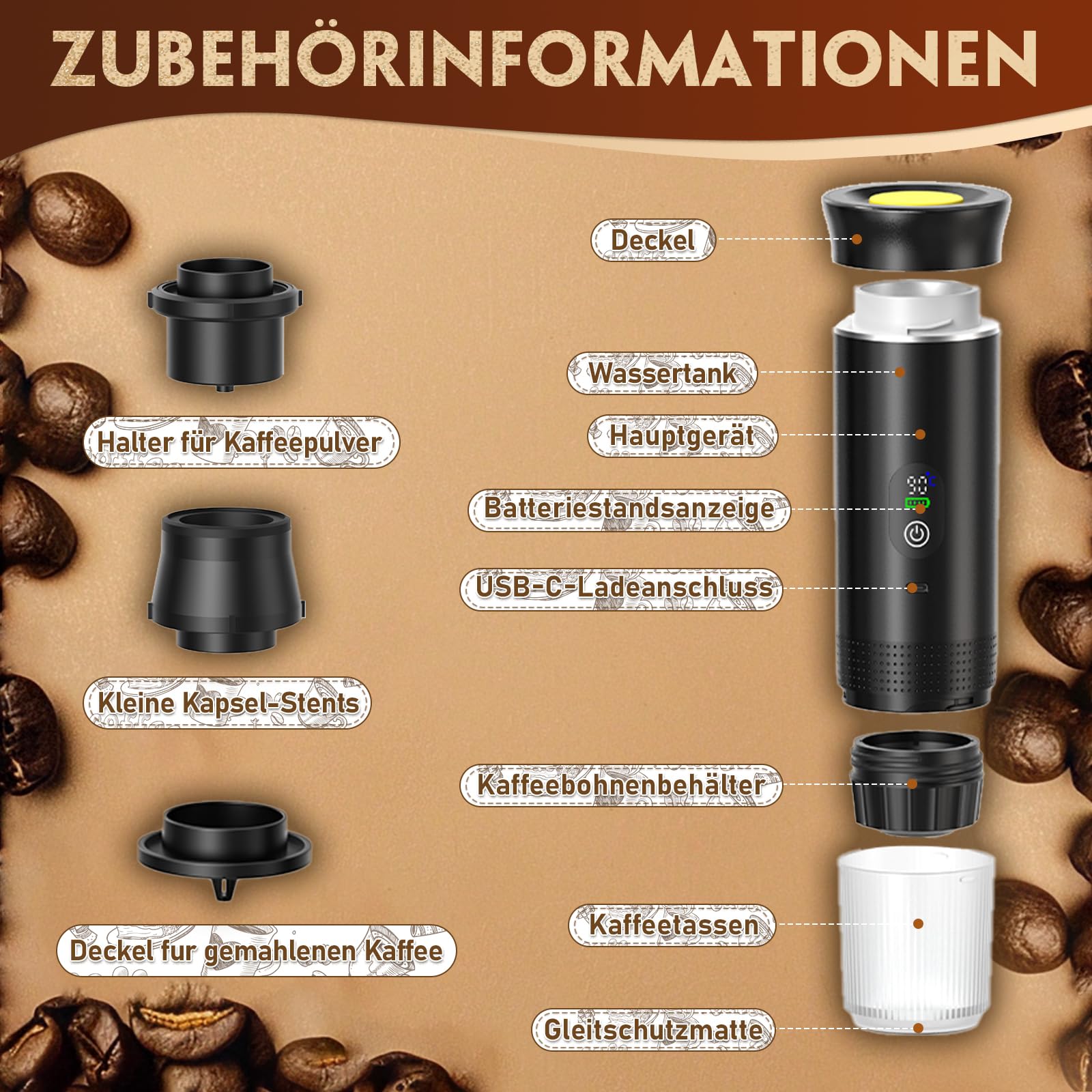 Tragbare Espressomaschine 3-in-1, Mini Kaffeemaschine mit Akku & Selbstheizung, Portable Espresso Machine USB Wiederaufladbar, Kompatibel mit Kapseln Gemahlenem Kaffee, fürAuto, Camping, Reisen & Büro