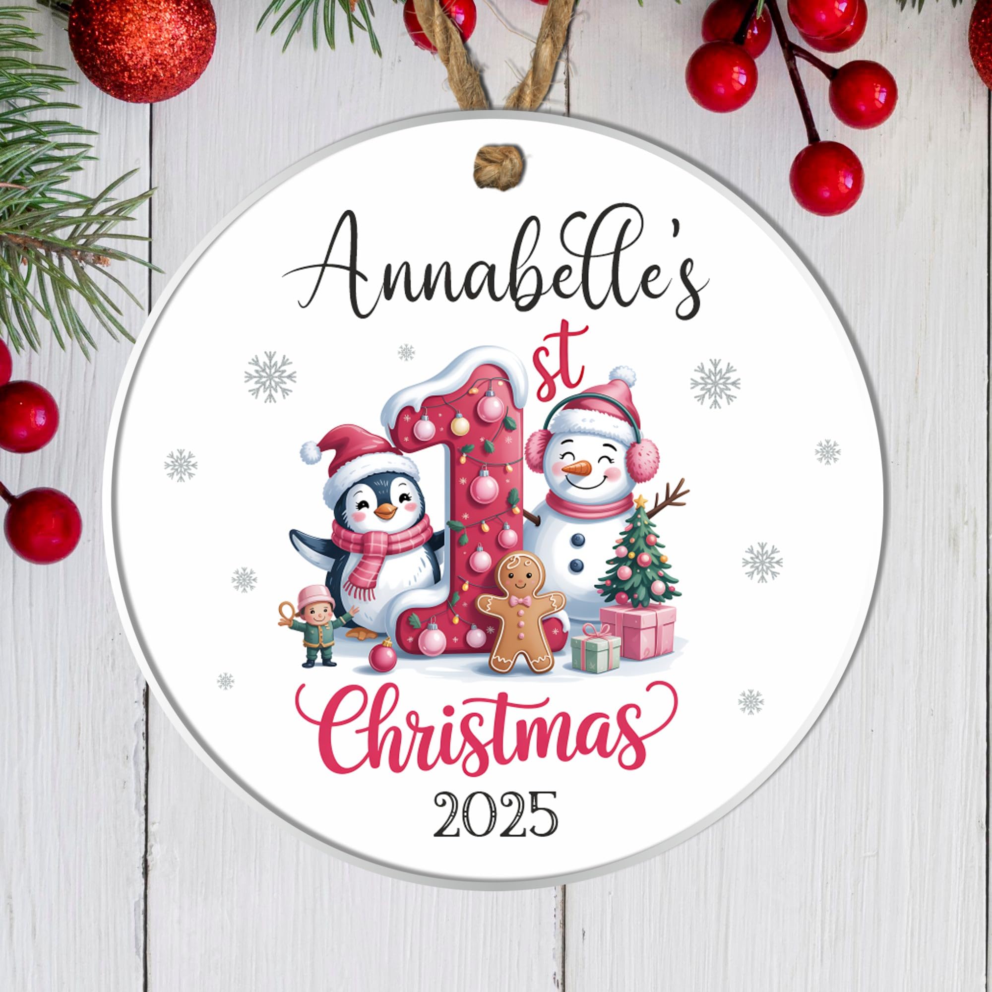 Adorable Personalised Pink Baby Girl 1st Christmas Hanging Bauble Watercolour Ballet Gingerbread Snowman Reindeer Santa & Penguin (Snowman, Penguin & Gingerbread, Acrylic - Indoor & Outdoor Use)