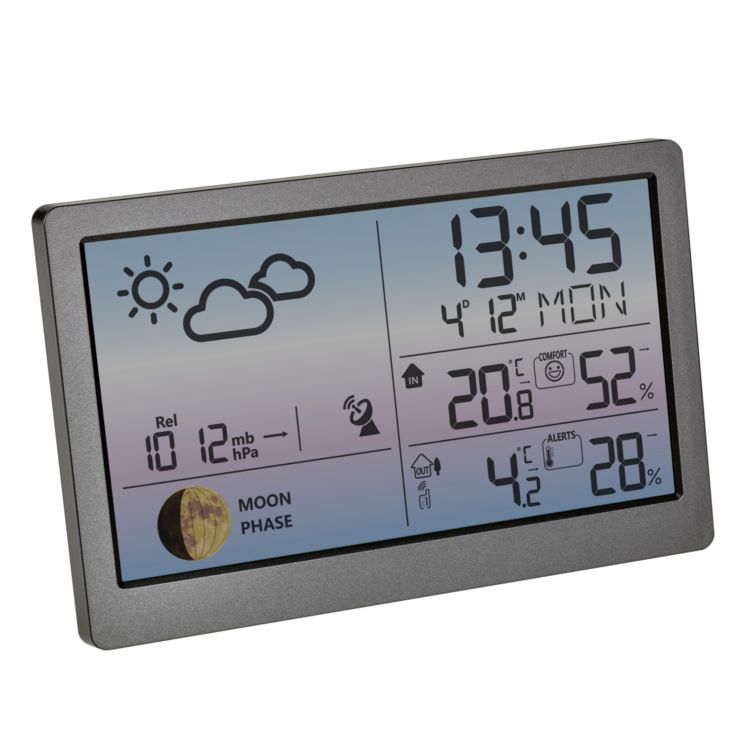 TFA Dostmann stazione meteo digitale con sensore esterno e display a colori LUNA Sky, 35.1169, misuratore di temperatura e umidità, fasi lunari, allarme temperatura esterna, grigio