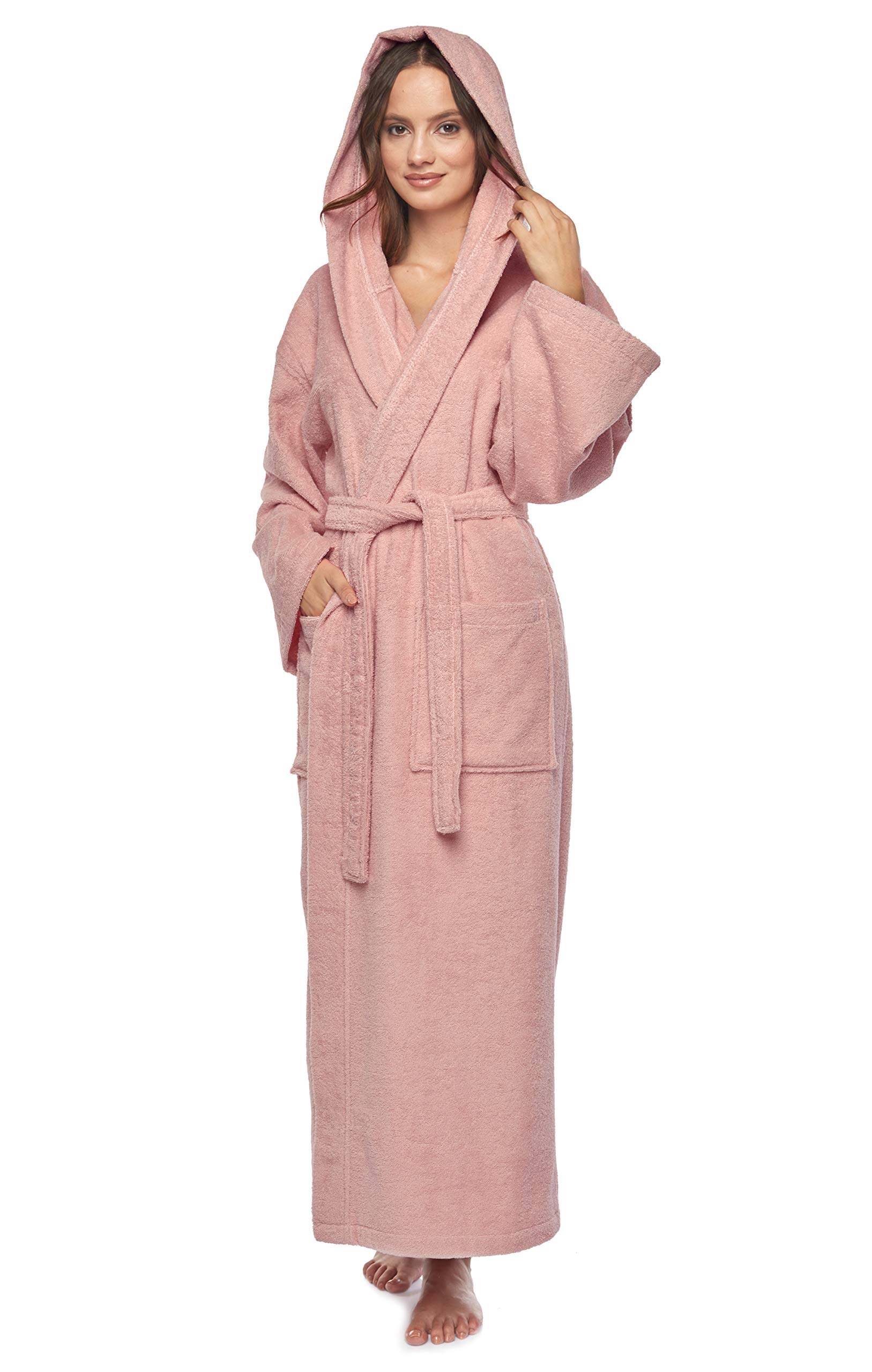 Arus Women's Hooded Classic Full Length Bathrobe Turkish Cotton Ankle Long Robe