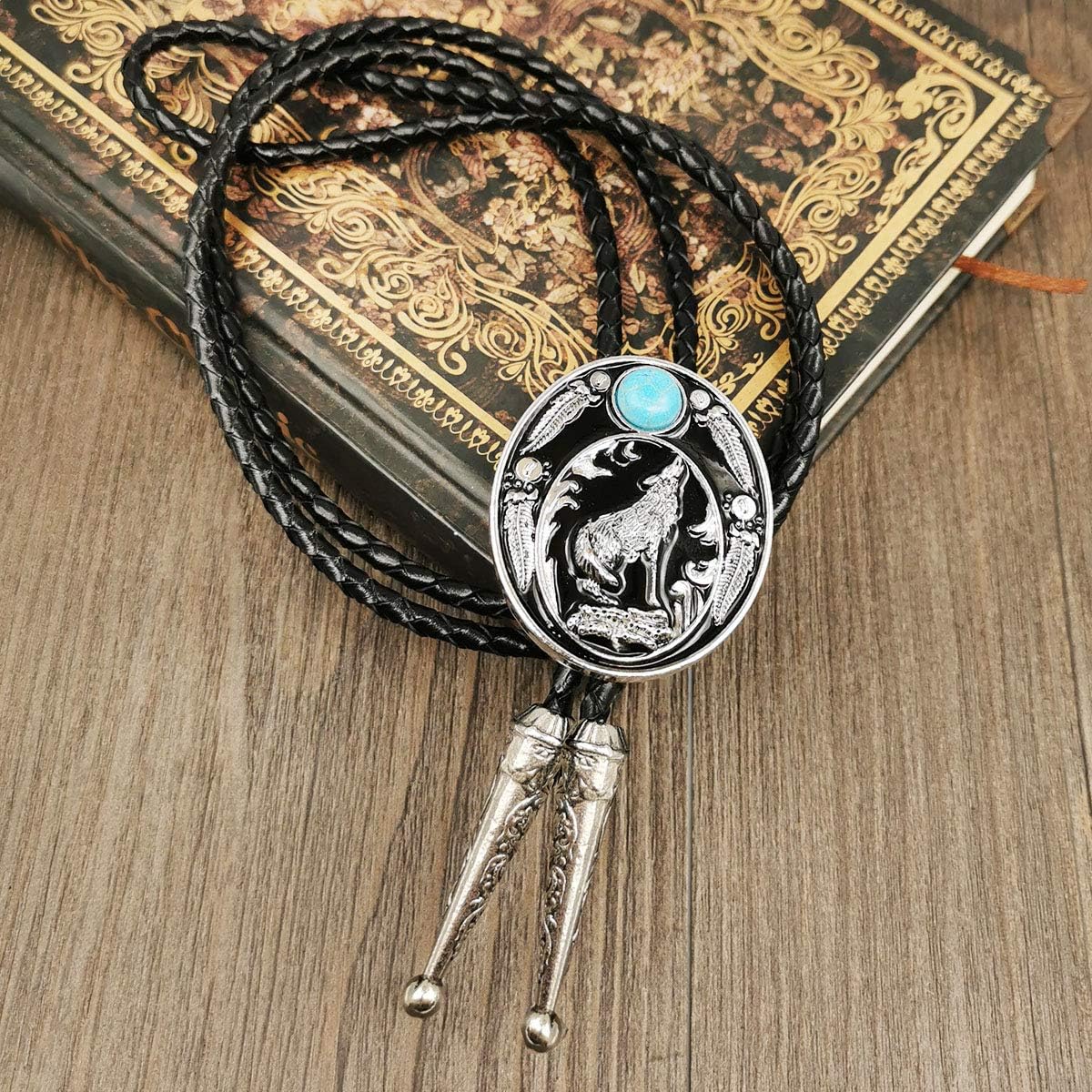YOQUCOL American Western Turquoise Stone Bolo Tie Arizona Howling Wolf Leaf Hunting Leather Necktie For Men - Image 4