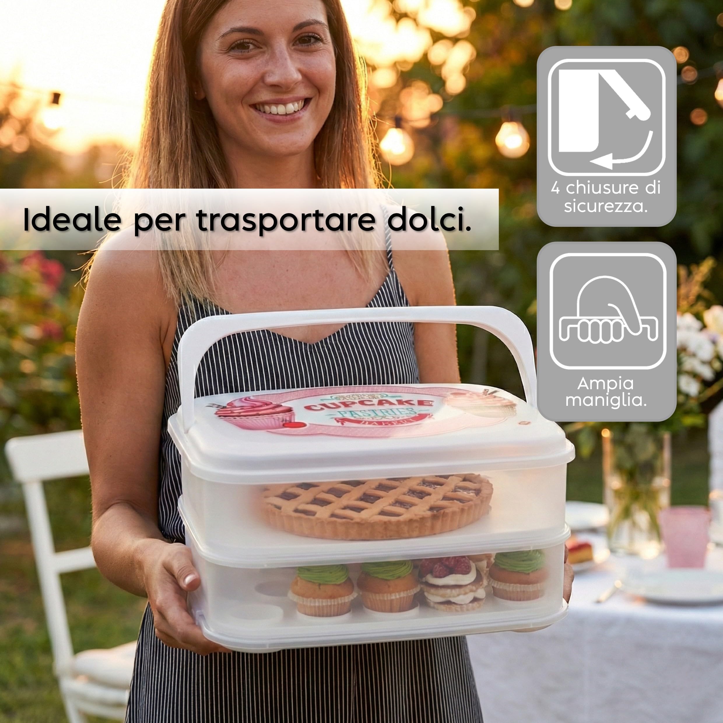 Snips - Porta Cupcake, Muffin e Porta Torta con Coperchio a 2 Contenitori Alimenti Smontabili, 14L - Scatola per 28 Cupcakes, Bignè, Dolcetti e Manico per Trasporto Dolci, Scatole Pasticceria e Feste