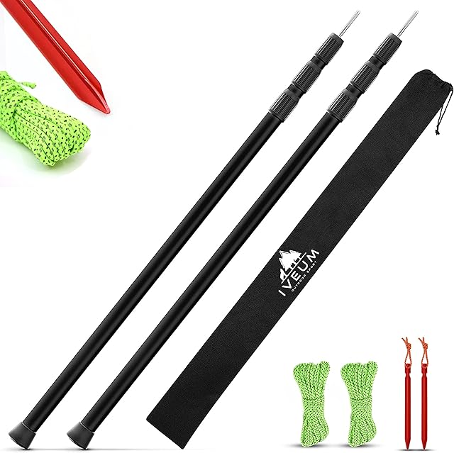 IVEUM Set of 2 aluminium standing rods including bag between 89 cm to 228 cm, telescopic pole for tents, taps or awnings, ultra-light tarp pole, pole for awning attachment, tent pole.