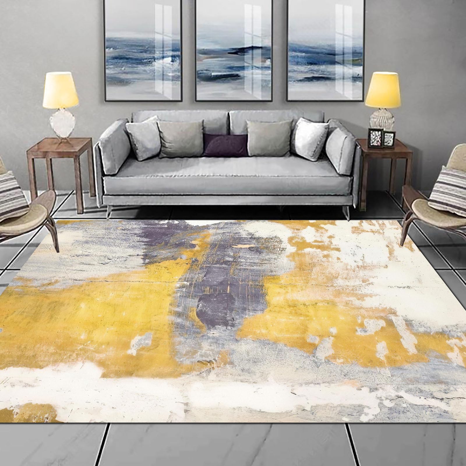 Tapis 60x120 cm au motif abstrait violet jaune crème de qualité