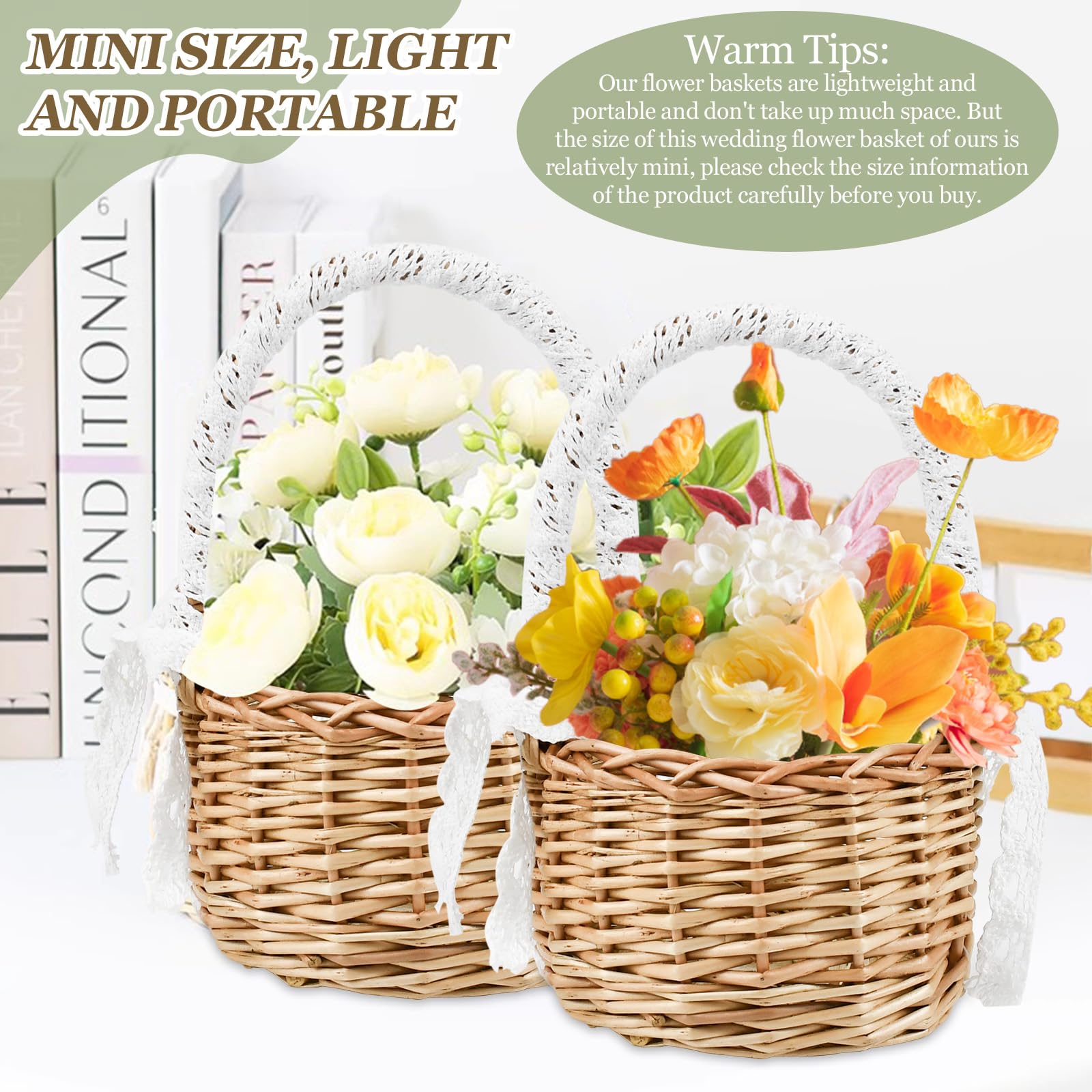HEKOBAG 2 PZ Cestini in Vimini con Manico 20 cm Cestini di Fiori Matrimoni Cesto di Fiori Fatti a Mano Cesti Intrecciati con Nastro di Pizzo Cestini Rattan per Pane, Caramelle, Cioccolatini, Biscotti