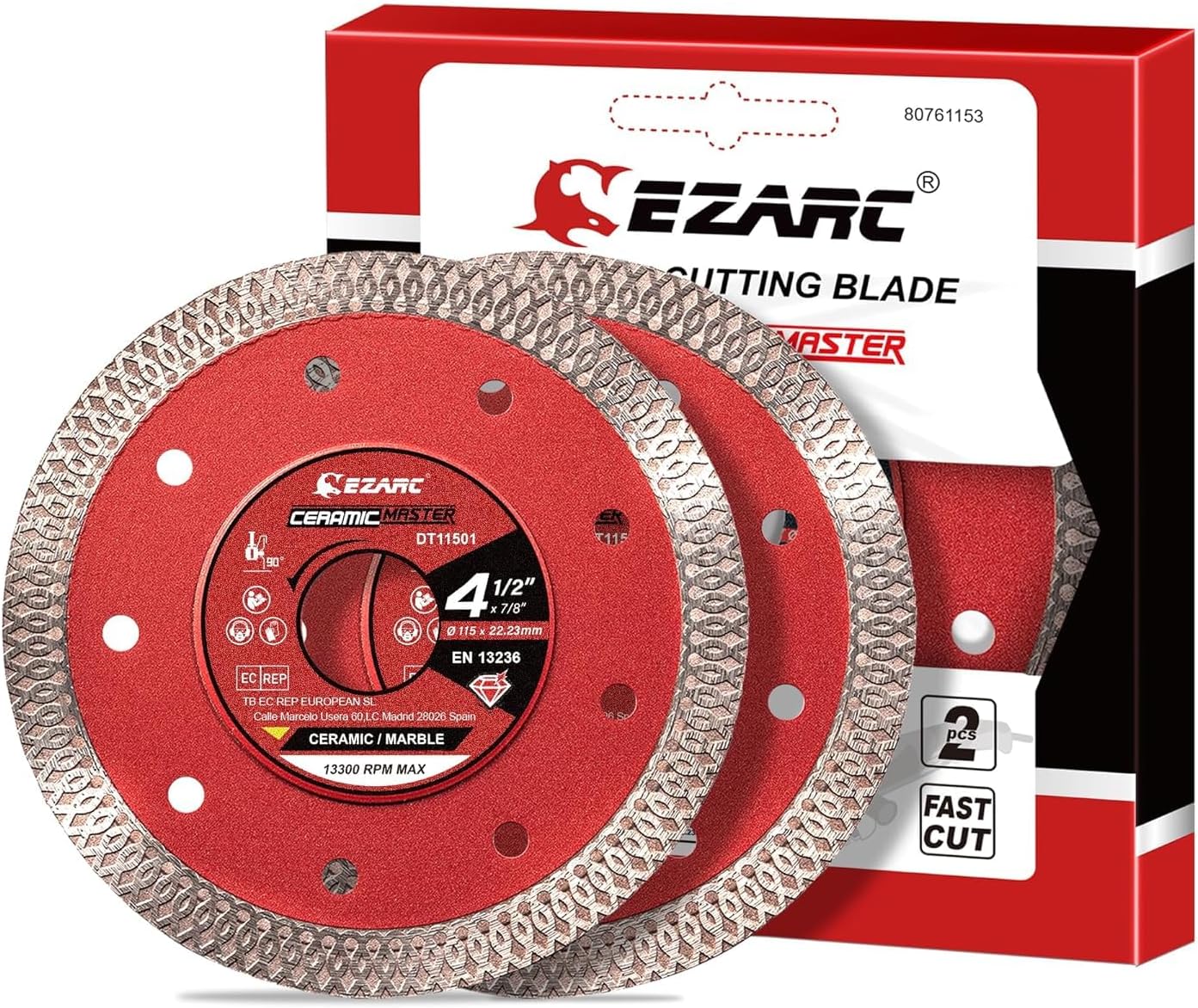 EZARC 115mm Diamond Cutting Discs, Super Thin Fast Diamond Saw Accessory for Angle Grinder, 115mm Cutting Wheel for Porcelain, Granite, Marble, Tiles and Ceramics (2-Pack)