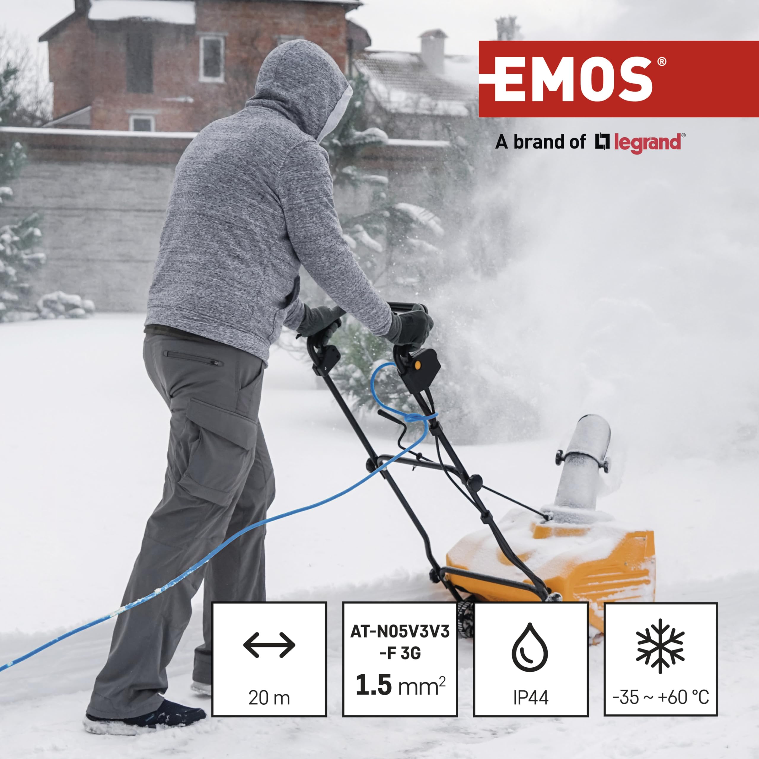 EMOS Cavo di prolunga Schuko resistente al gelo, 20 m, blu, 1,5 mm2, con tappo di protezione, IP44, impermeabile e resistente al gelo, per esterni, industria, cantieri