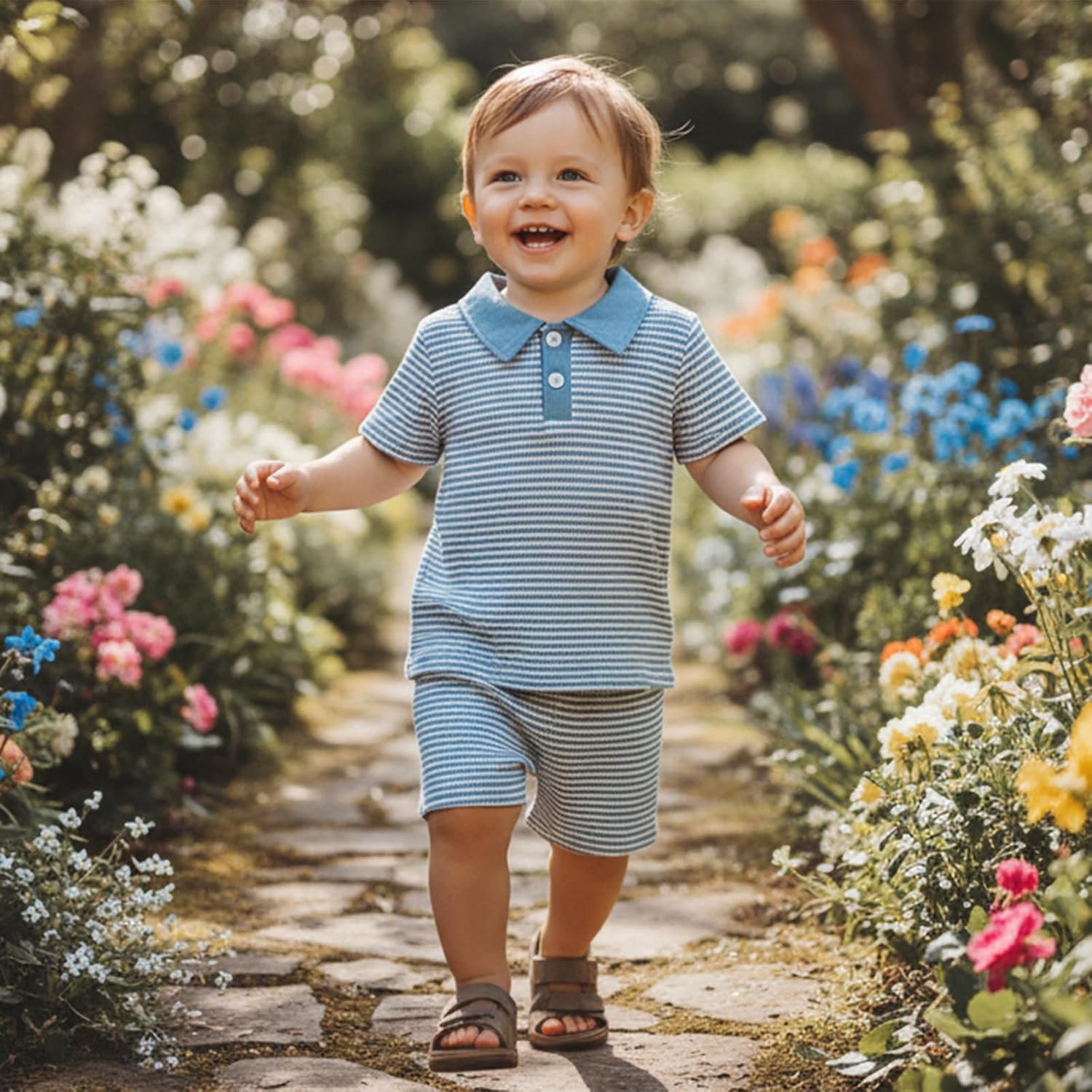 VISGOGO Baby Boy Summer Outfit Striped Short Sleeve T-shirt Toddler Boy Summer Clothes 6 12 18 Months 2 3 4 T Short Set - Image 2