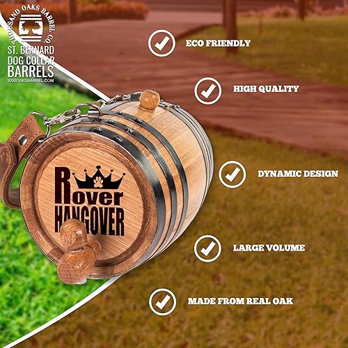 Vista 30 de St Bernard - Collar de barril de whisky para perro, Pooch Hooch' - Dispensador de barril de roble de 1/2 litro para perros San Bernardo con correa