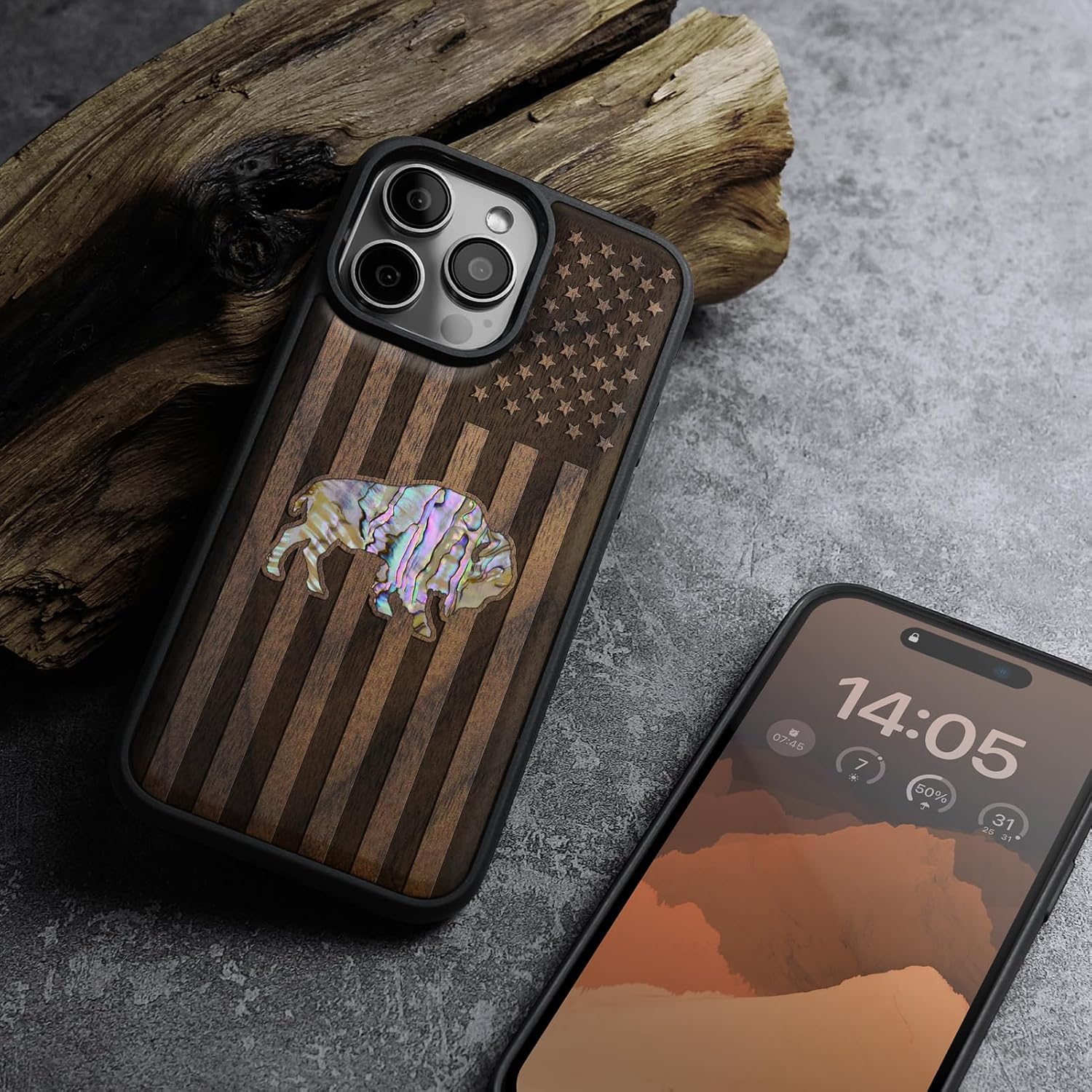 Carveit Magnetic Case for iPhone 16 Pro Max Case, Wood Artisan Engraved & Handmade Shell Inlaid, TPU Shockproof Cover, Compatible with MagSafe Wireless Chargers (American Flag, Bison) Walnut