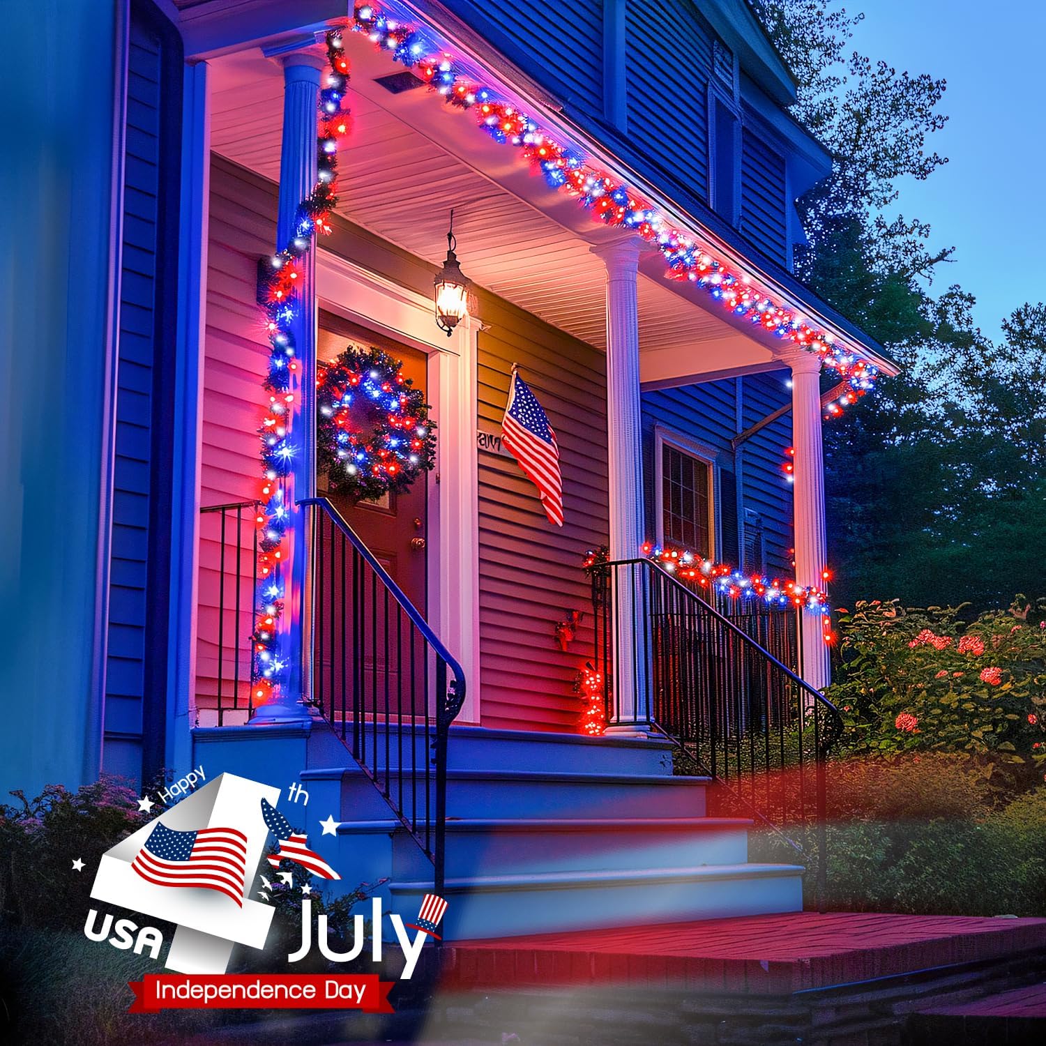 JMEXSUSS 400 LED Red White and Blue Lights Plug in, 4th of July Decorations Patriotic Lights Outdoor for American Holiday Tree Party Independence Memorial Day Decor