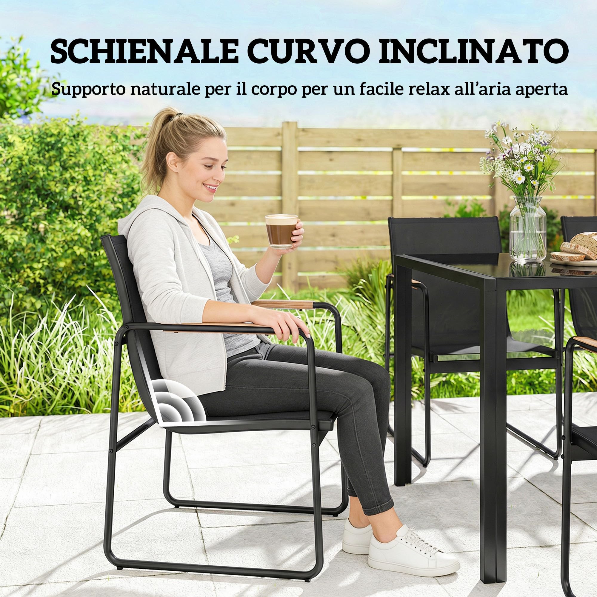 Outsunny Set Tavolo e Sedie da Giardino 7 Pezzi, Pranzo Esterno con Tavolo in Vetro Temperato, Sedie Texteline Traspirante, Acciaio, Nero