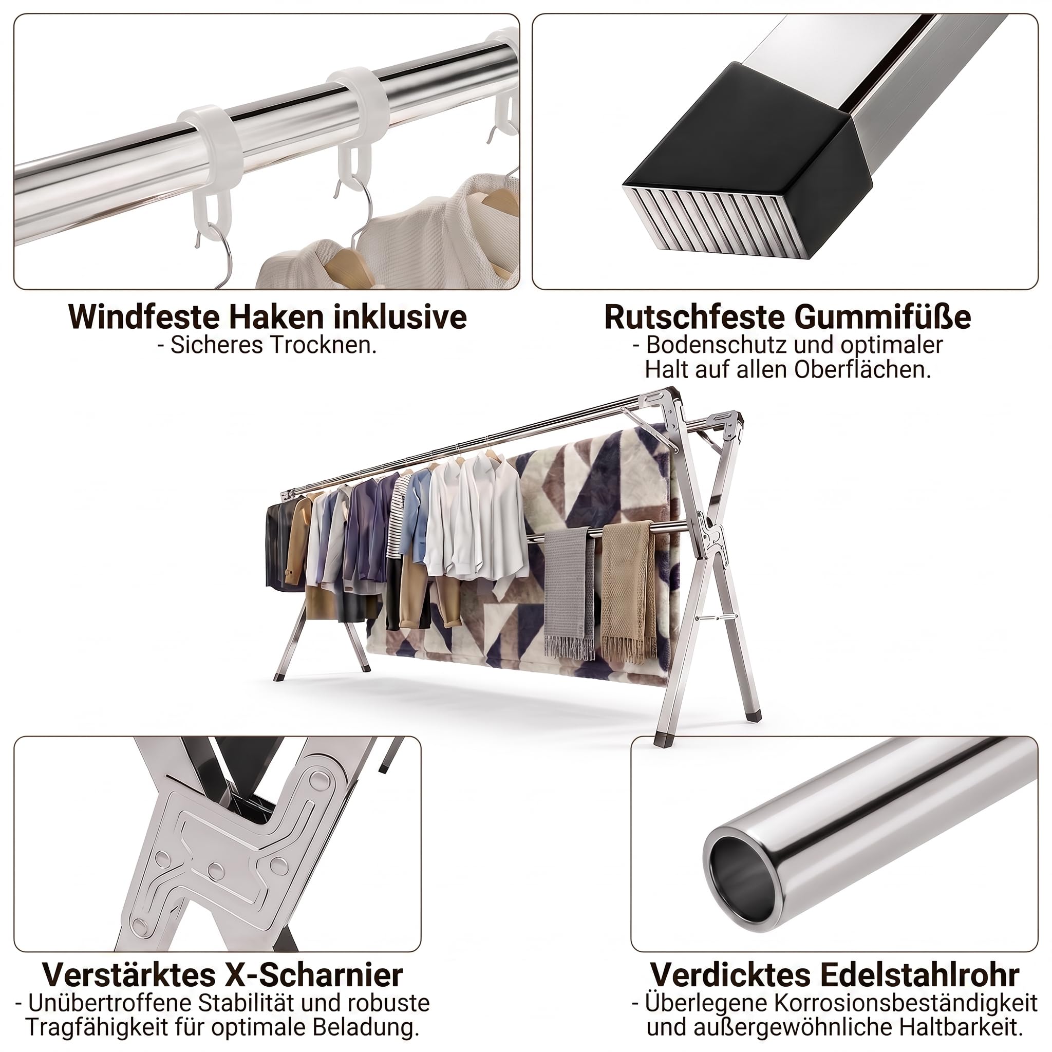 Wäscheständer, faltbar, Edelstahl, Typ Tancarville, Wäscheständer für drinnen und draußen, verstellbarer Wäscheständer 140 – 240 cm, 60 kg pro Stange, mit 40 Haken, winddicht