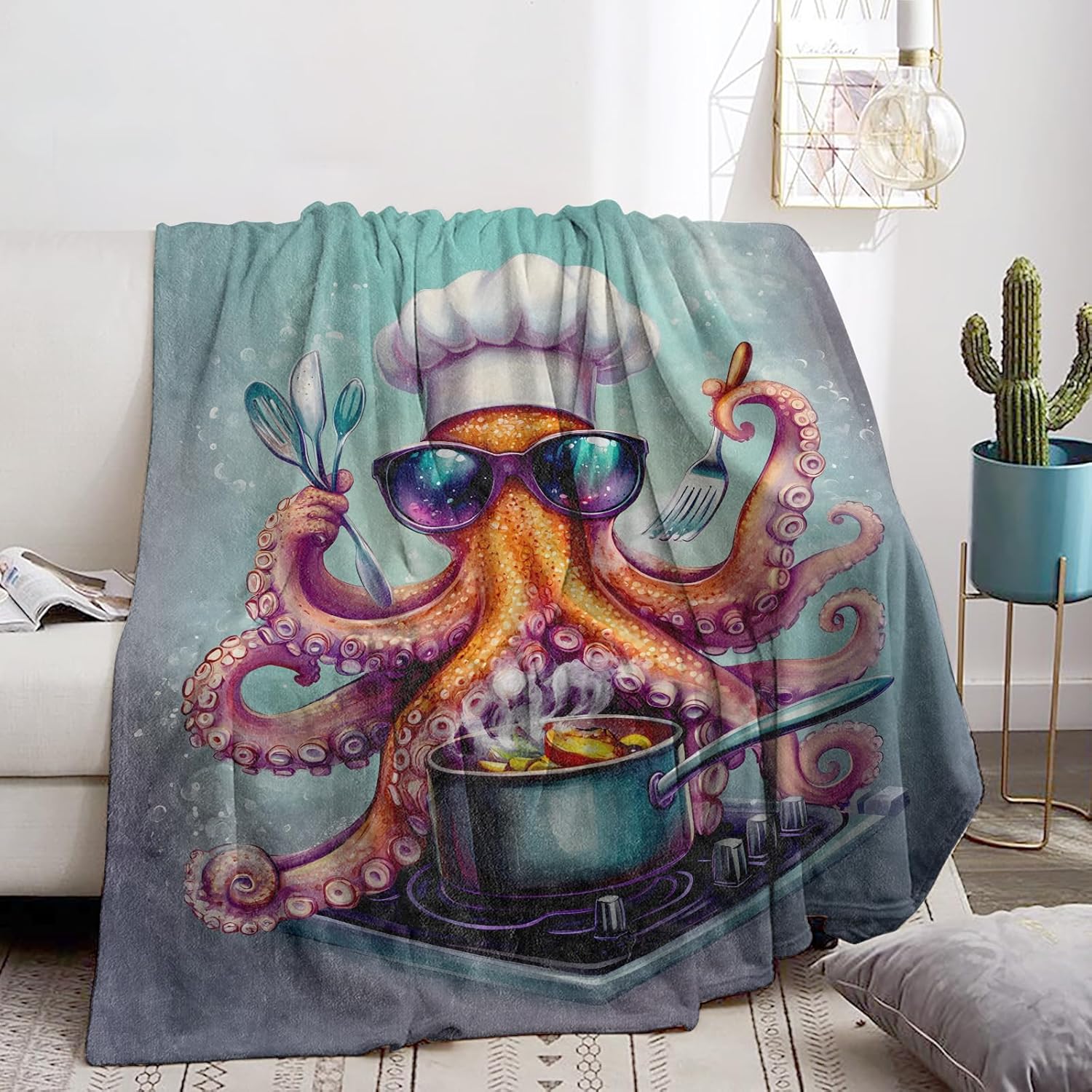 Chef Octopus Blanket Soft Cozy Flannel Throw Blanket, Warm Yet Lightweight Fun Cartoon Octopus Cooking Blankets for Travel, Couch, Bed, for Kids Adults Women, Fuzzy Outdoor Comfort Wrap 60"×50" - Image 2