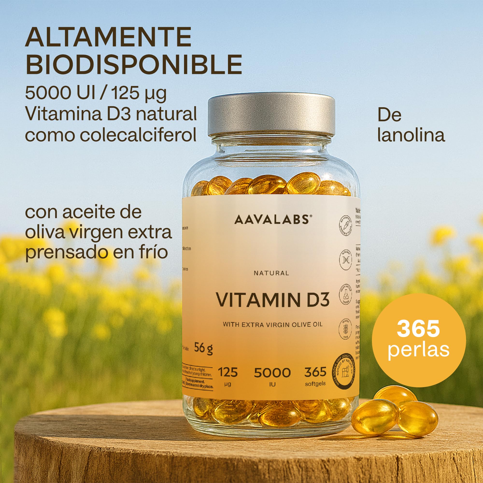 Vitamina D3 Natural [5000 UI] Depot - Altamente Concentrada - con Aceite de Oliva Extra Virgen para una Absorción Óptima - Favorece la Función Ósea e Inmunológica - Complemento Alimenticio - 365 Cáps