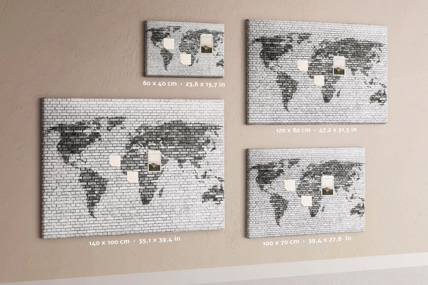 Tablero de anuncios horizontal | panel de corcho para oficina hogar escuela | superficie amplia para planificación de proyectos notas fotos ideas - 100x70 - vistoso - Pared gris con mundo