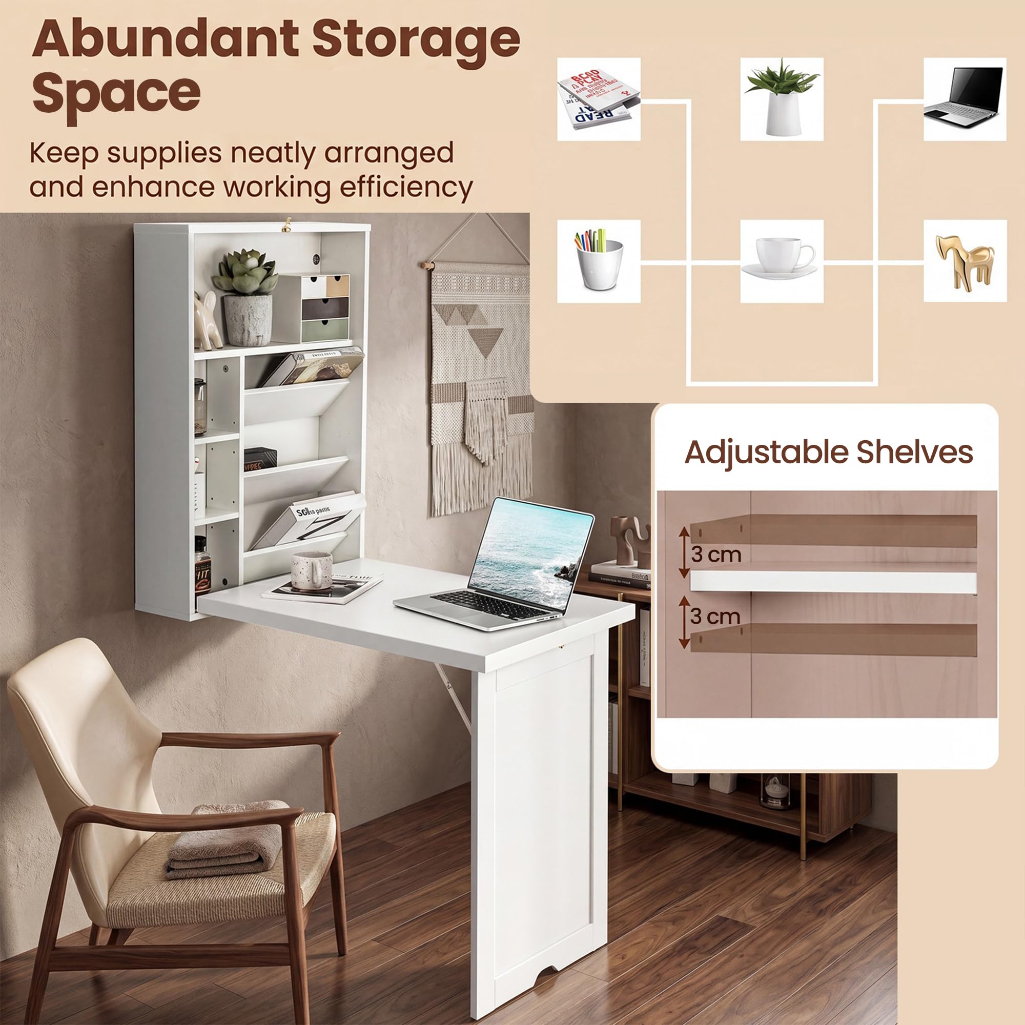 KOMFOTTEU Escritorio Plegable de Pared con 7 Compartimentos