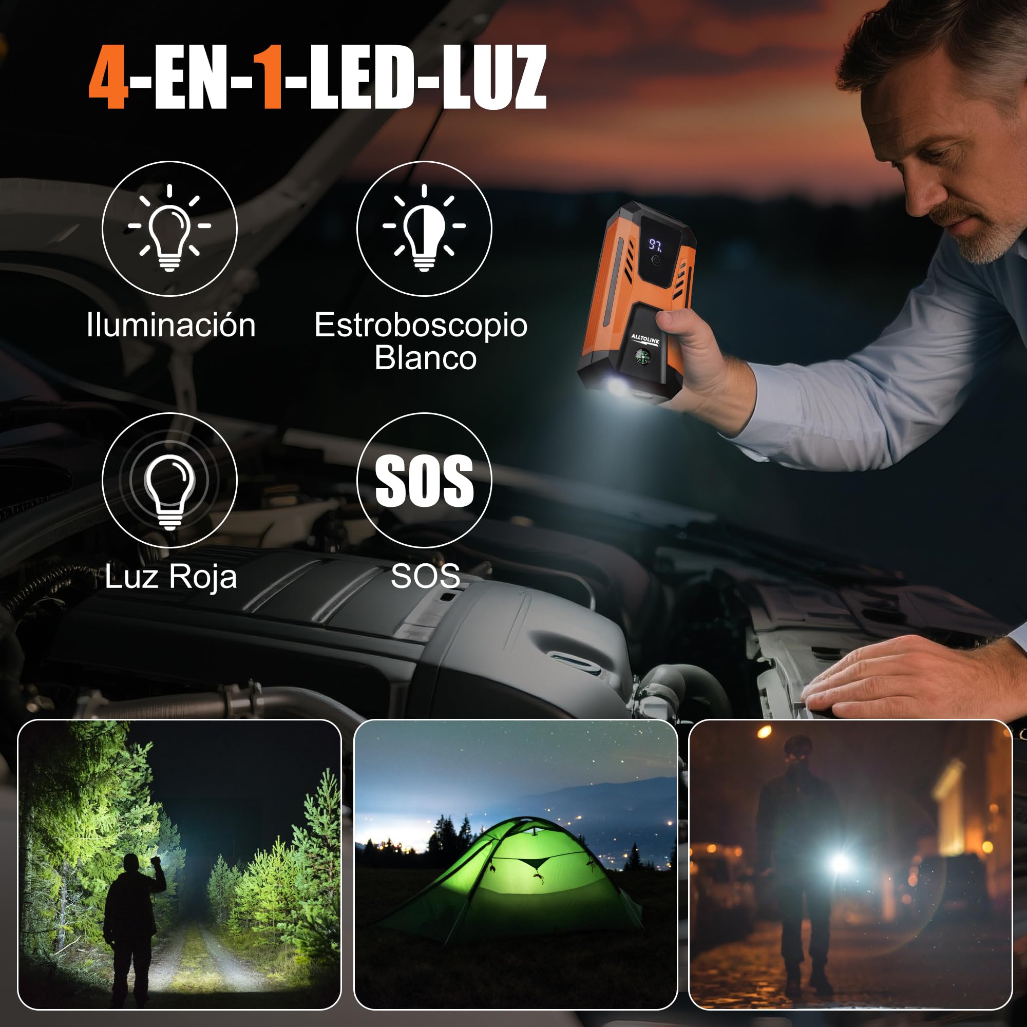 Arrancador de Baterias de Coche 3000A 26640mWh, Carga Rápida 20W, Booster Bateria 12V (para Gasolina o Diésel), Arrancador de Coches Portatil con Pantalla y Linterna LED de 4 Modos