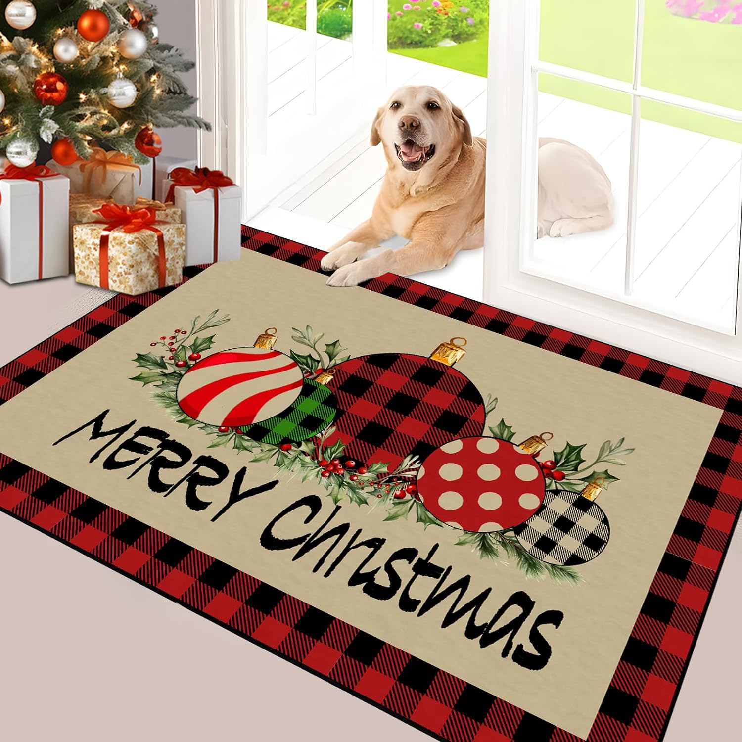 Svepndic 32"x47" Merry Christmas Door Mat Non Slip Welcome Doormat,Winter Xmas Holiday Floor Mat Washable Low Profile Entrance Doormat for Kitchen Indoor Outdoor Christmas Decor
