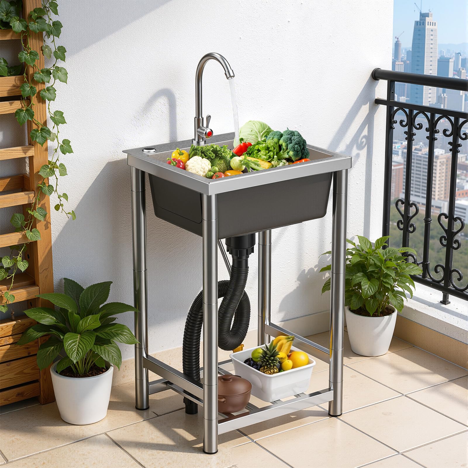 Freestanding Stainless Steel Utility Sink with 360Β° Swivel Tap, Single Bowl Kitchen Sink with Drain Basket, Outdoor Garden Laundry Sink for Kitchen, Restaurant, Utility Room & Patio
