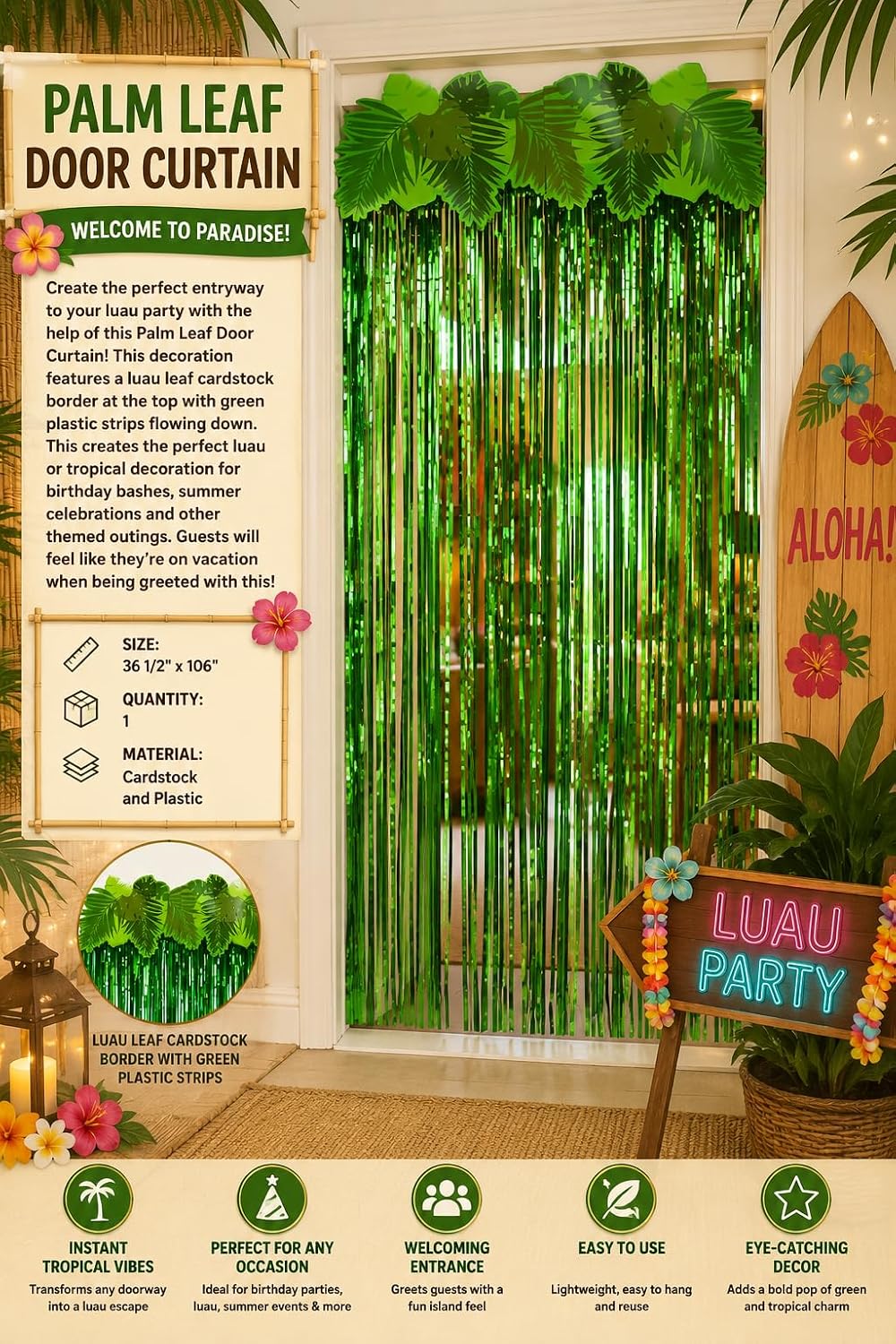 Fun Express 36 1/2" x 106" Green Palm Leaf Foil Fringe Door Curtain 1 Piece - Luau Party Decorations Hawaiian Tropical Theme Decor | Jungle Beach Tiki Safari Rainforest Themed Birthday Celebration