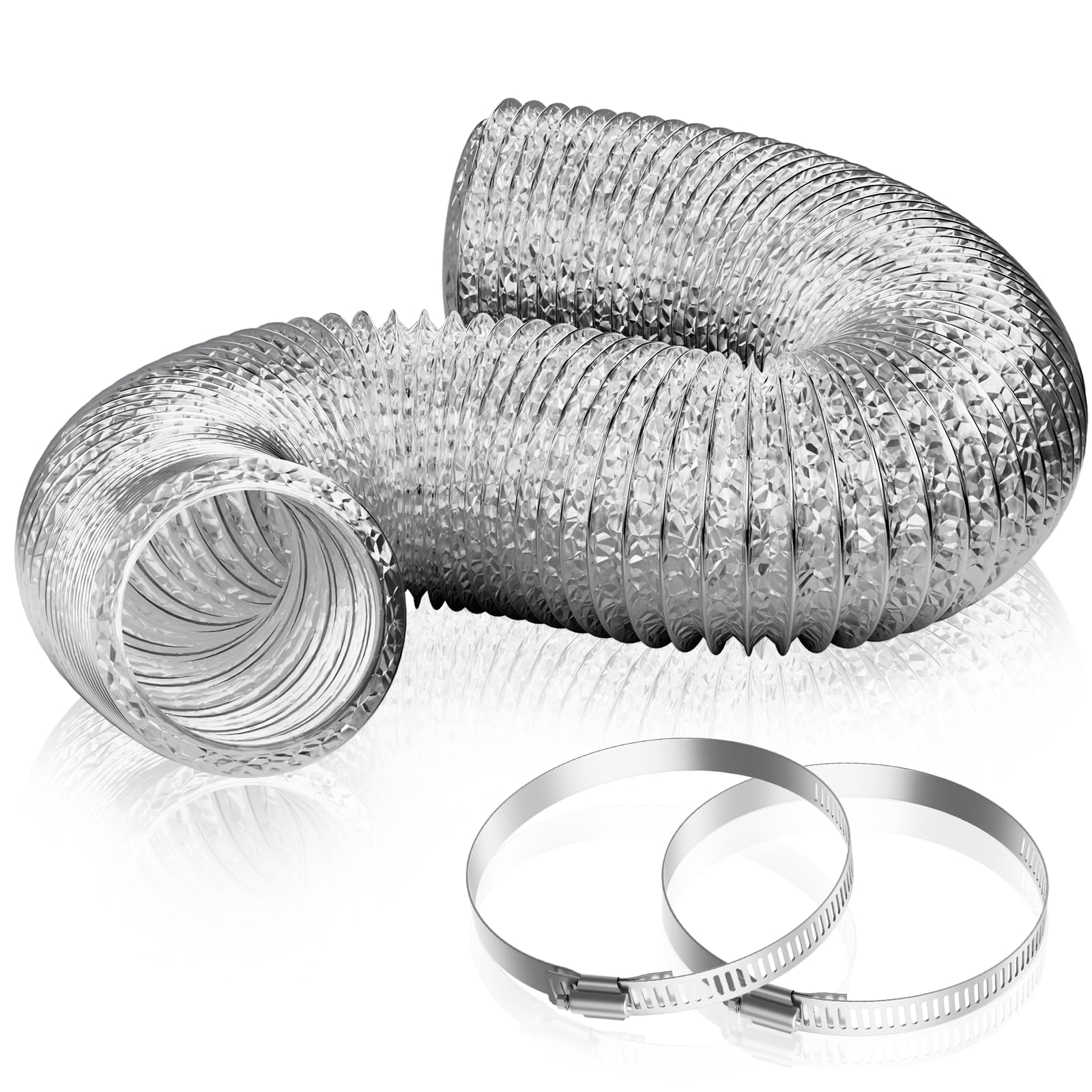 HG Power 100mm Flexible Air Duct 5m, 4 Inch Insulated Aluminium Foil Ducting Hose with 2 Clamps, Heat Resistant Ventilation Pipe for Cooker Hood, Extractor Fan, Tumble Dryer, Air Conditioner, Silver