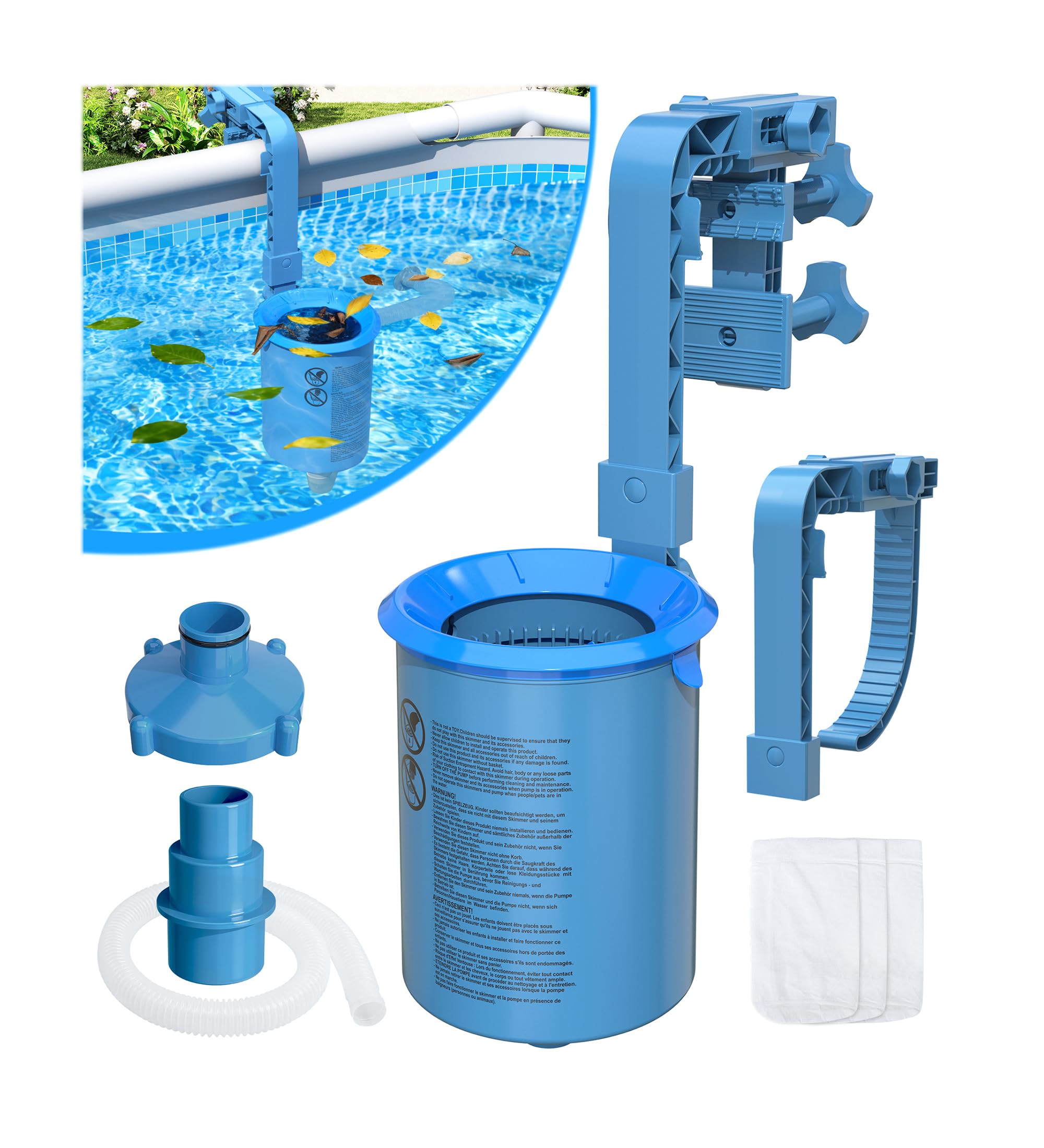Photo 1 of DeeprClean Upgrade Above Ground Pool Skimmer Comes with 3 Socks, Anti-tilt Wall Mount Surface Skimmer, Removable Skimmer Basket, Adjustable Height Bracket, Auto Skimming Pool Surface Leaves - Blue