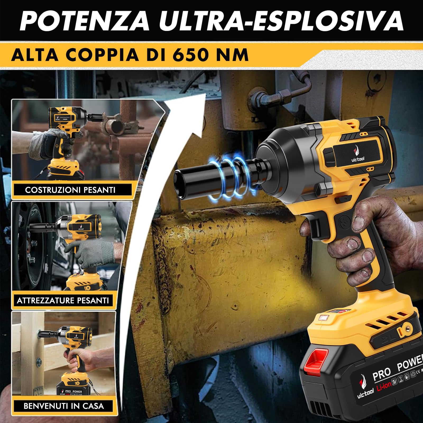 Victool Avvitatore a percussione, Avvitatore a Impulsi 650 N.m con Batteria 2 x 4,0 Ah, 6 Bussole, Luce LED, Senza Spazzole 1/2", avvitatore a percussione ad alta coppia per Auto Casa fai da te