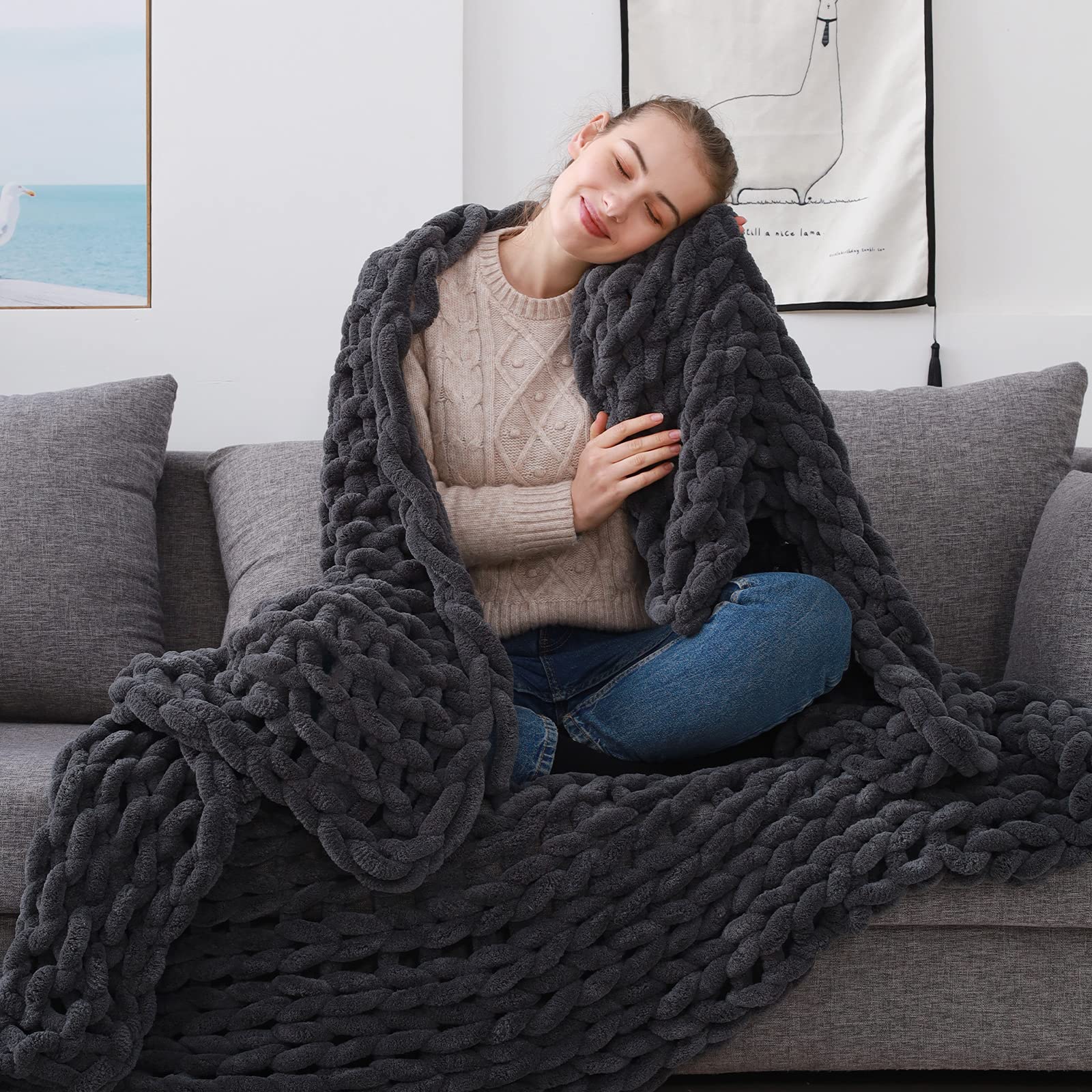 ZonLi Chunky Knit Throw Blanket 60"x80"- Handmade Soft Large Cable Knitted Chenille for Bed Sofa Boho Fluffy Blanket (Gre...