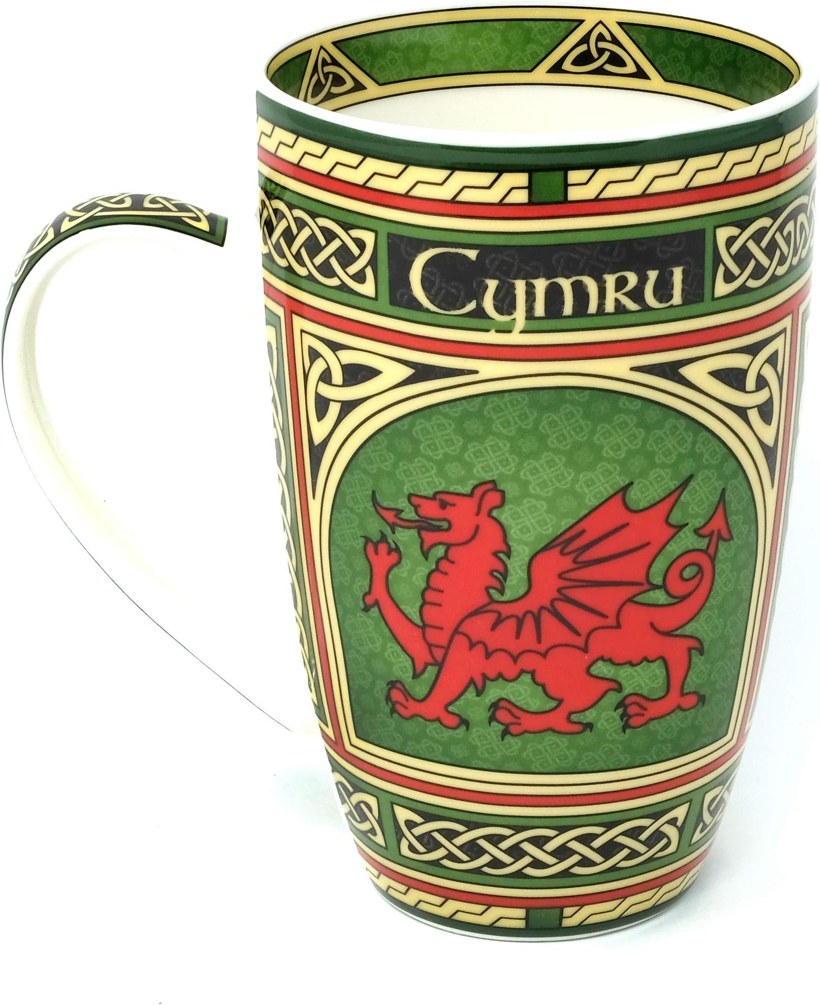 Wales Porcelain Coffee Mug - Welsh Red Dragon Porcelain Cup with Irish Celtic Knots Design, Made of New Bone China 400ml/14fl oz