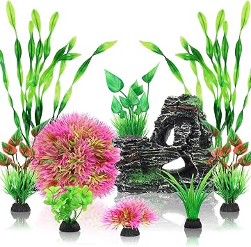 QUOZUO Fish Tank Accessories Aquarium Plants, 10pcs Colorful Fish Bowl Ornaments Plants and Rock Cave Decor Set, Aquarium Decor
