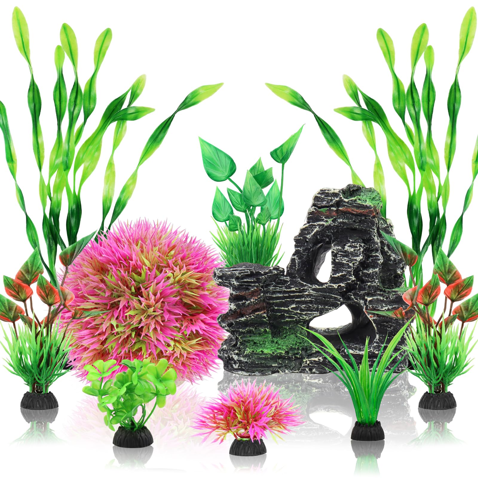 QUOZUO Fish Tank Accessories Aquarium Plants, 10pcs Colorful Fish Bowl Ornaments Plants and Rock Cave Decor Set, Aquarium Decor
