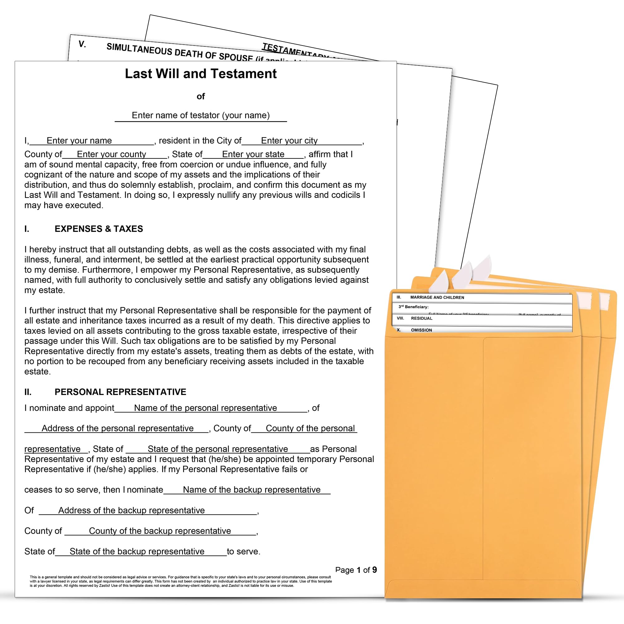 Zastic! 2024 Last Will and Testament Kit: Blank Legal Last Will Testament Paper Forms, Simple Do It Yourself Legal Will Templates - End of Life Planning Kit - Comes 3 Blank Forms, Guide, and Envelopes