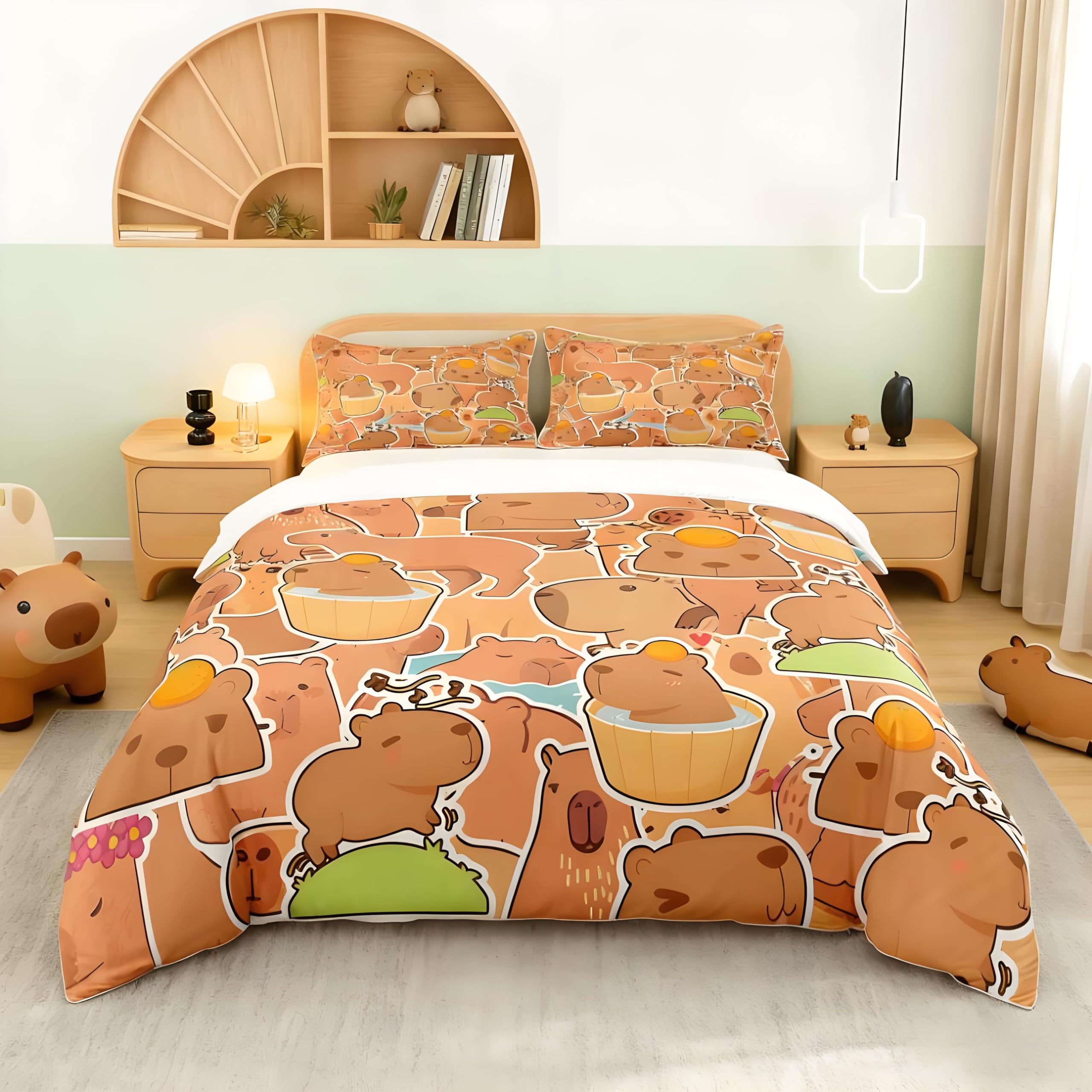 Loussiesd Capybara Copripiumino 200 x 200 cm Regali per Bambini Capybara Biancheria da letto Set per Ragazzi Adolescenti Amanti Animali Capybara Parure da letto Modello Arancione Marrone Biancheria da