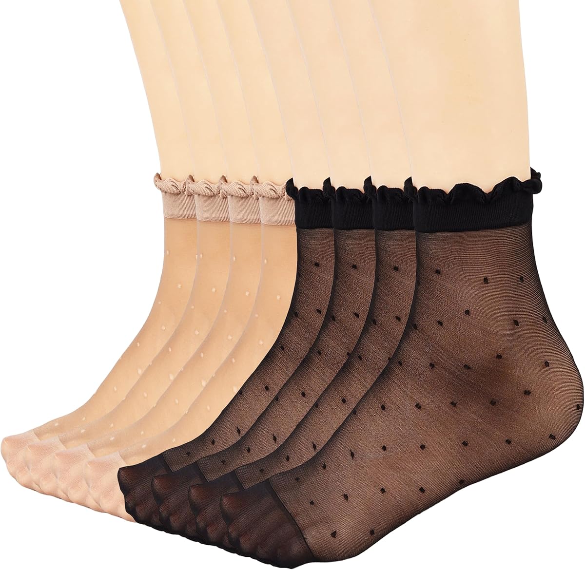Mcool Mary 12 Pairs Women's Sheer Ruffled Socks Frilly Ankle High Nude Nylon Stocking Ultra Thin Cool Silk Socks for Women