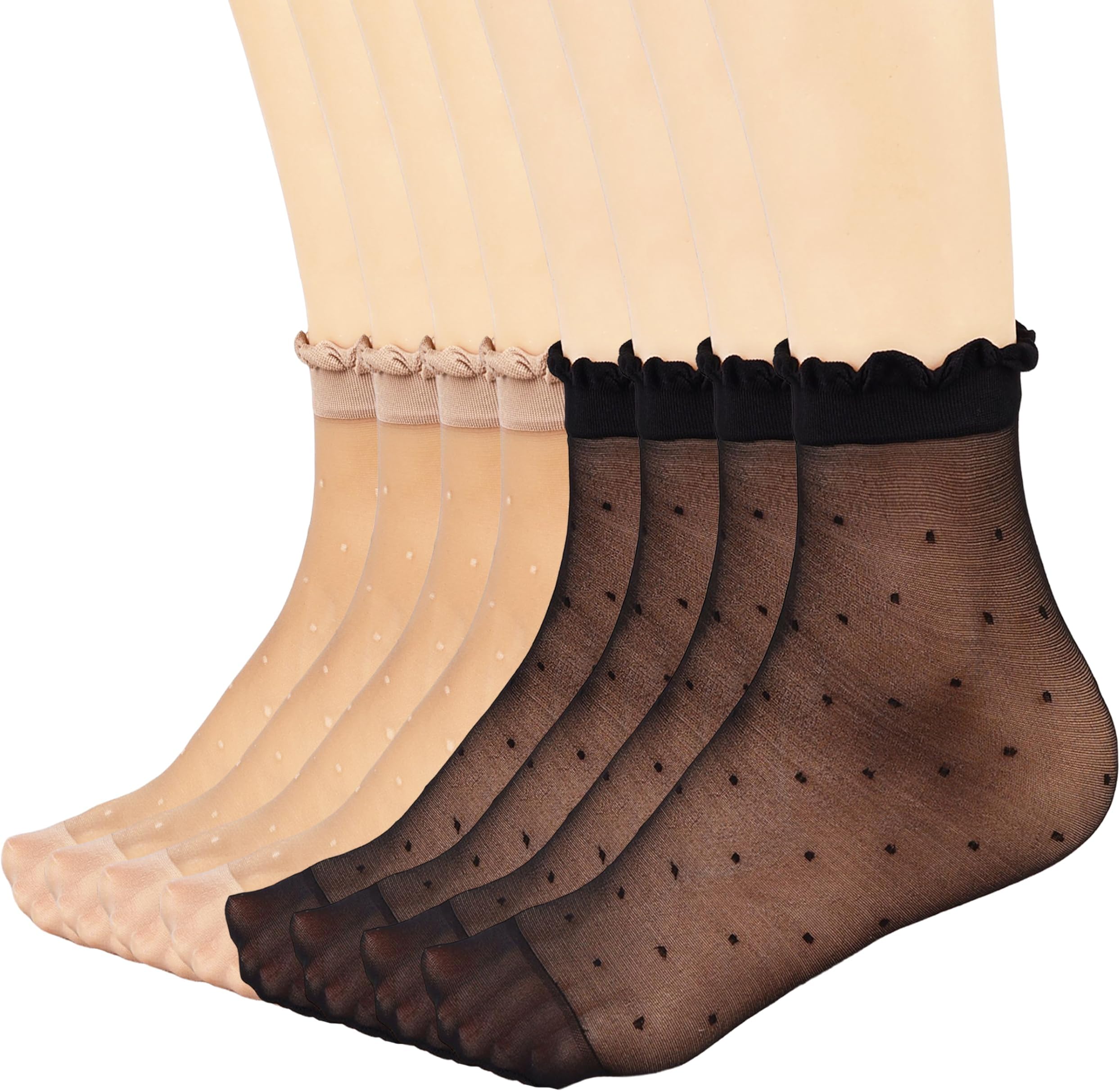 Mcool Mary 12 Pairs Women's Sheer Ruffled Socks Frilly Ankle High Nude Nylon Stocking Ultra Thin Cool Silk Socks for Women