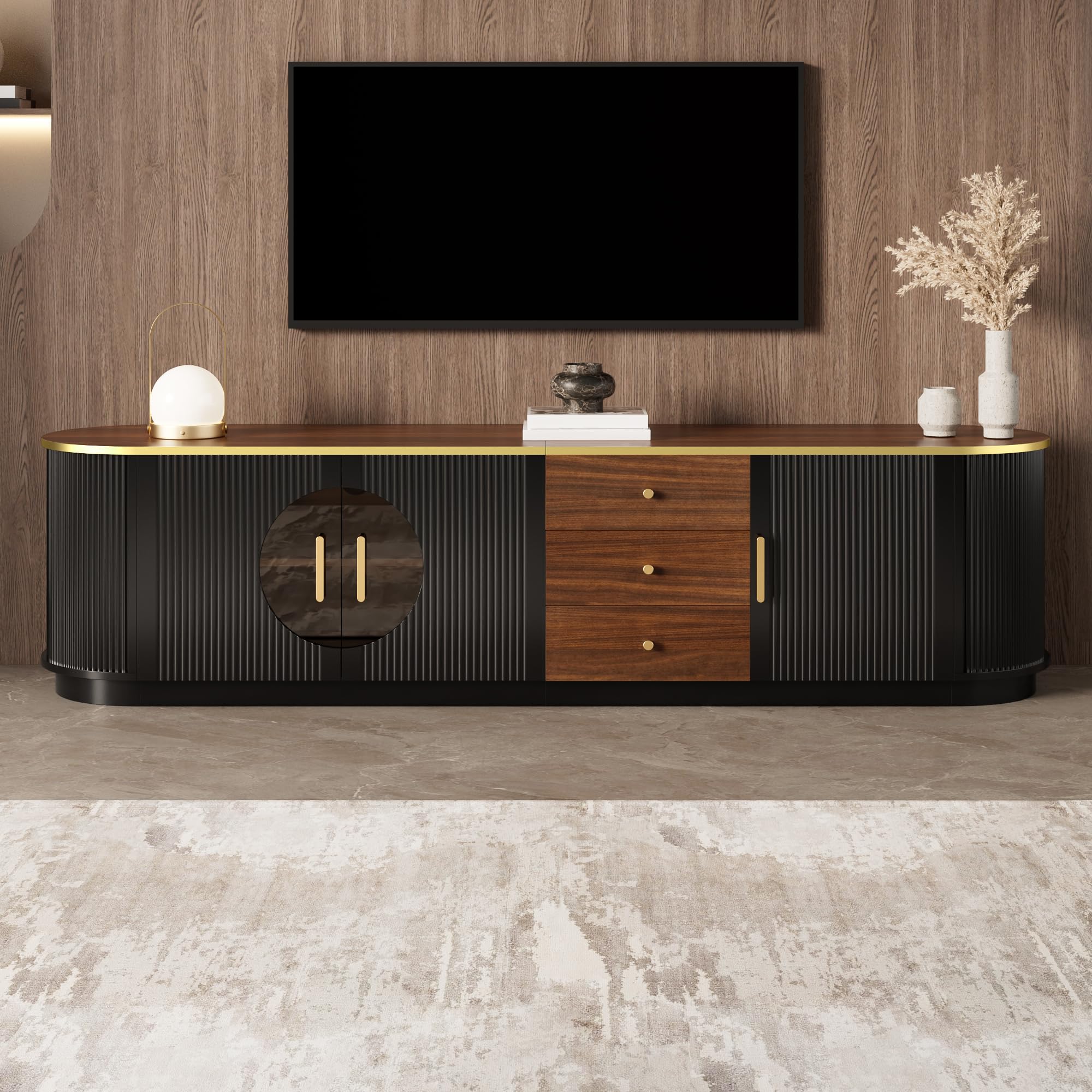 Luxusstil TV-Schrank, Lowboard, Braunes Glas, MDF-Korpus, Aluminiumgriffe, abgerundete Kanten, vertikale Rillenoptik