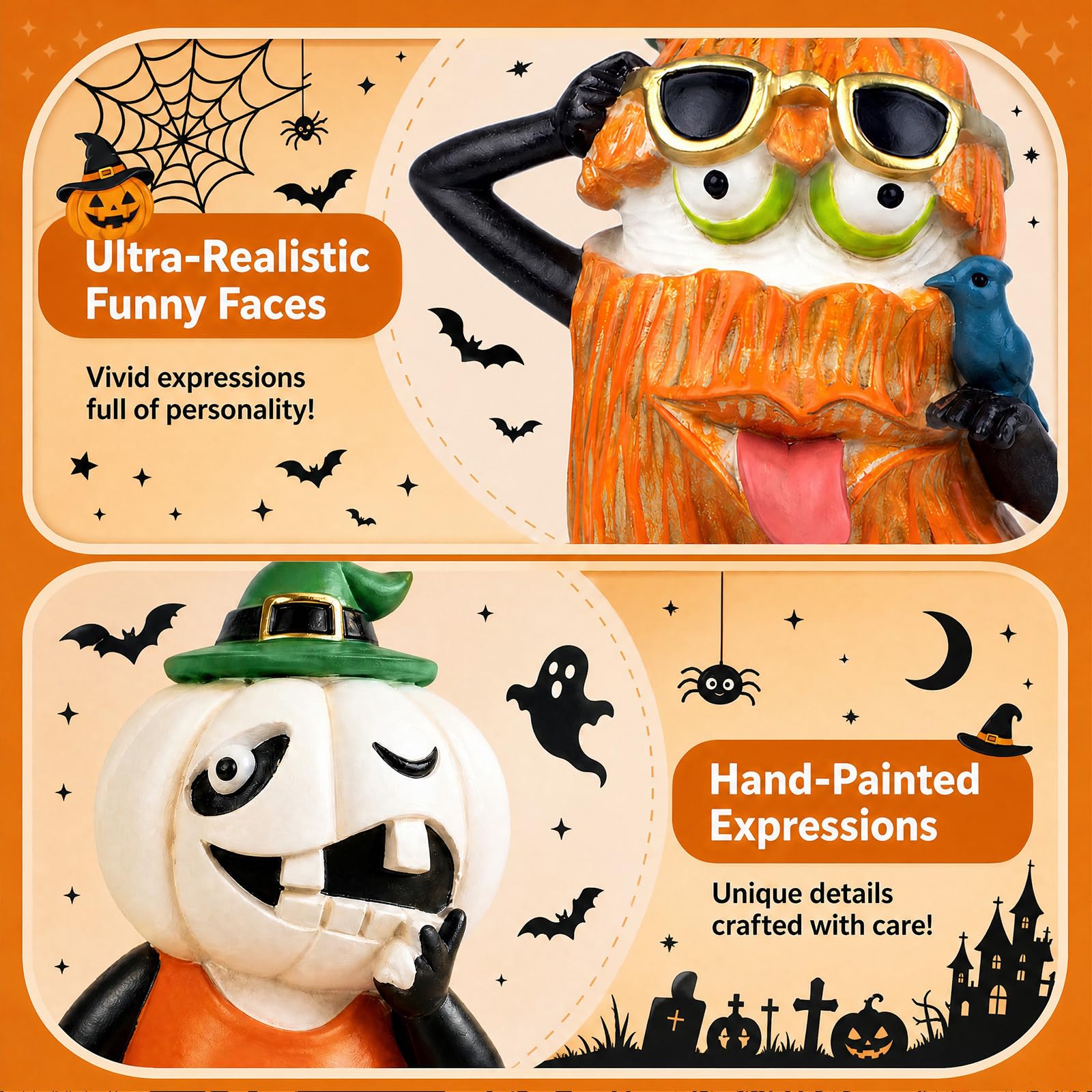 XJar Set di 2 statuette da mensola, zucche di Halloween con gambe
