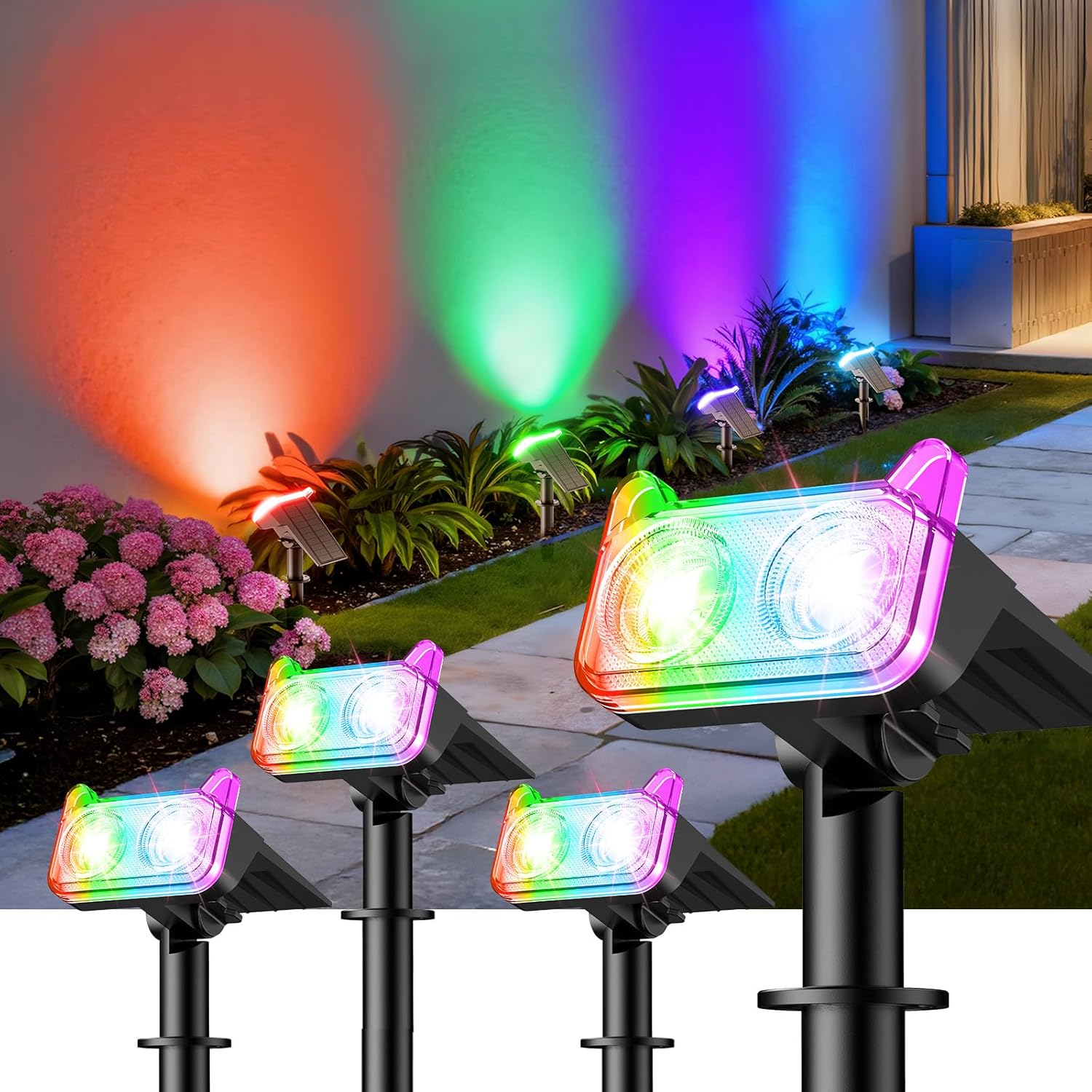 WdtPro Solar Color Changing Spot Lights, 8 Lighting Modes Solar Lights Outdoor Waterproof, Multicolor RGB Outdoor Lights, 7 Colors Auto Cycling Landscape Spolights for Yard Garden Decoration, 4 Pack