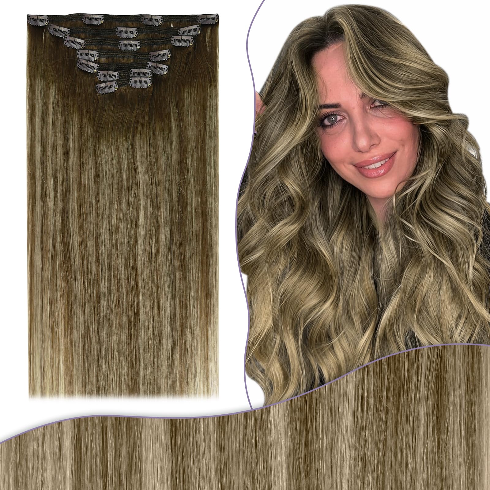 Fshine Clip Capelli Veri Capelli Umani in Estensioni 18 Pollici 135G Capelli Veri Clip in Extension 7 Pezzi Dei Capelli Umani Reale Balayage Castano Medio con Biondo Miele e Marrone Medio #4/27/4