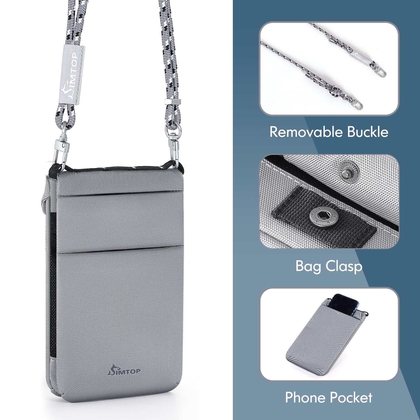 SIMTOP PochetteTour de Cou étanche Avec Protection RFID Pour Homme et Femme,Pochette Pour Smartphone,Téléphone Portable Avec Tour de Cou Pour Passeport,Pièces de Voyage Sac Léger Gris Clair
