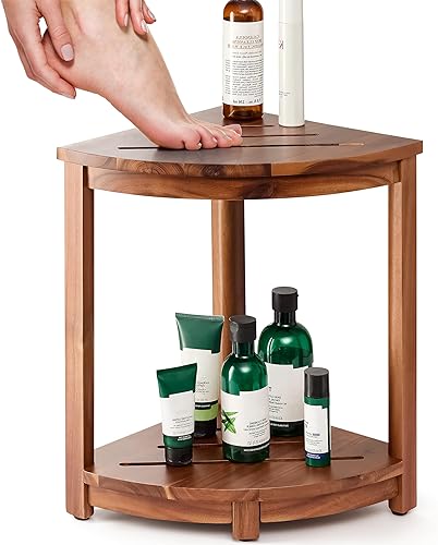 Miniatura 1 de Tinamo Banco de ducha esquinero y taburete de acacia con estante de almacenamiento, bancos de ducha esquineros de madera para ducha interior,