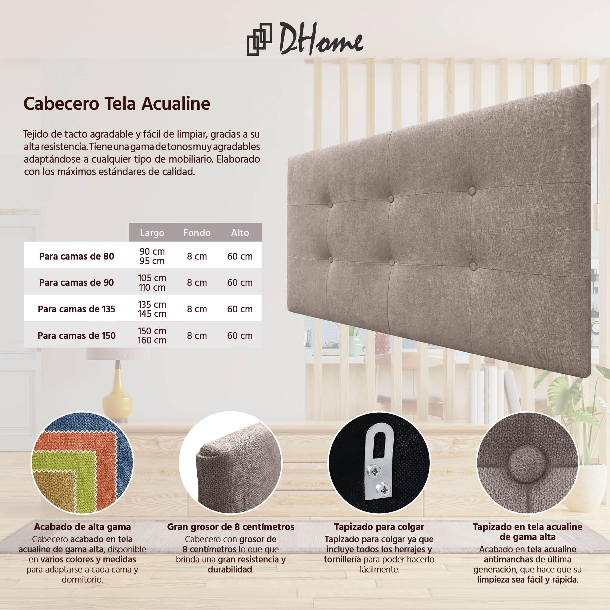 DHOME Cabecero, Cabezales de Cama Acolchado Capitoné 8cm de Grosor. Cabezal tapizado ACUALINE Tela y Polipiel. Cabeceros de Cama Matrimonio e Individual (Tela Tierra, 110cm (Camas 80/90/105))