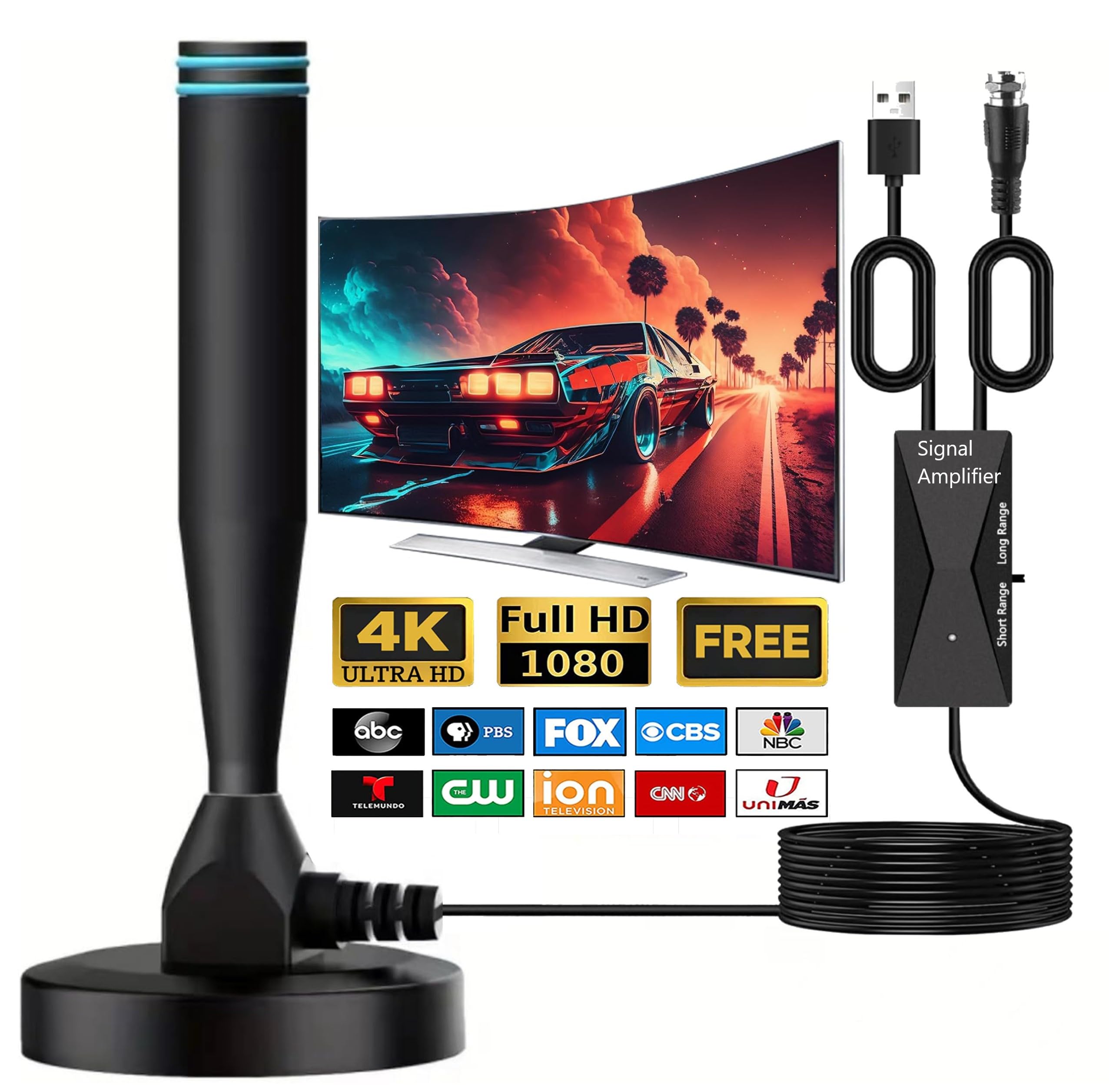 Antena de TV interior para Smart TV, canales locales, recepción de largo alcance, antenas digitales HD con base magnética fuerte