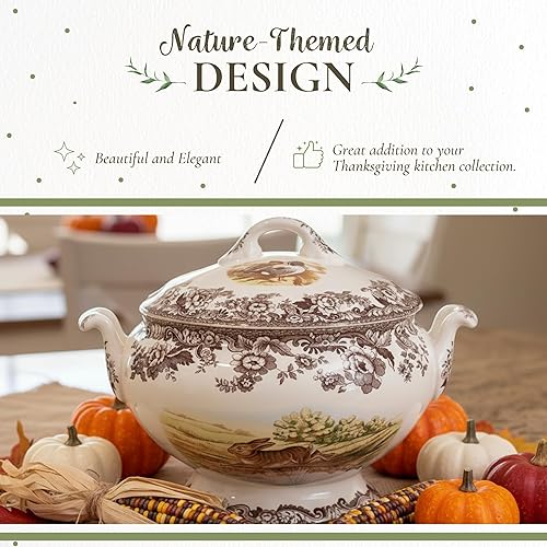 Miniatura 4 de Spode Sopera Woodland con motivos de conejo, codorniz y pintaleta, sopera cubierta de 4.25 cuartos de galón, hecha de loza fina, apta para