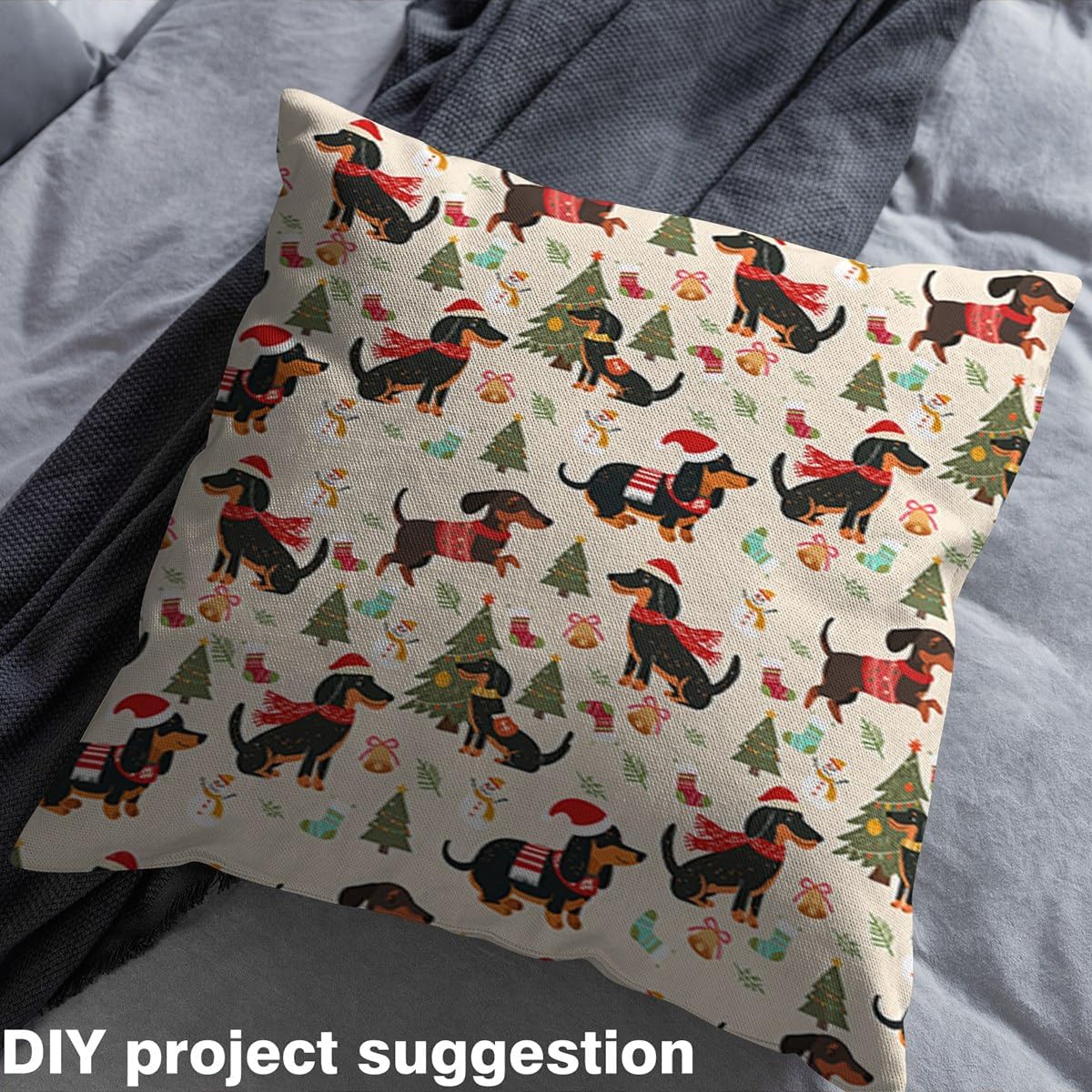 Feelyou Dachshund Fabric by The Yard Merry Christmas Upholstery Fabric for Sewing Crafting Cute Puppy Doggie Waterproof Indoor Outdoor Decor for Home DIY Projects 2 Yards
