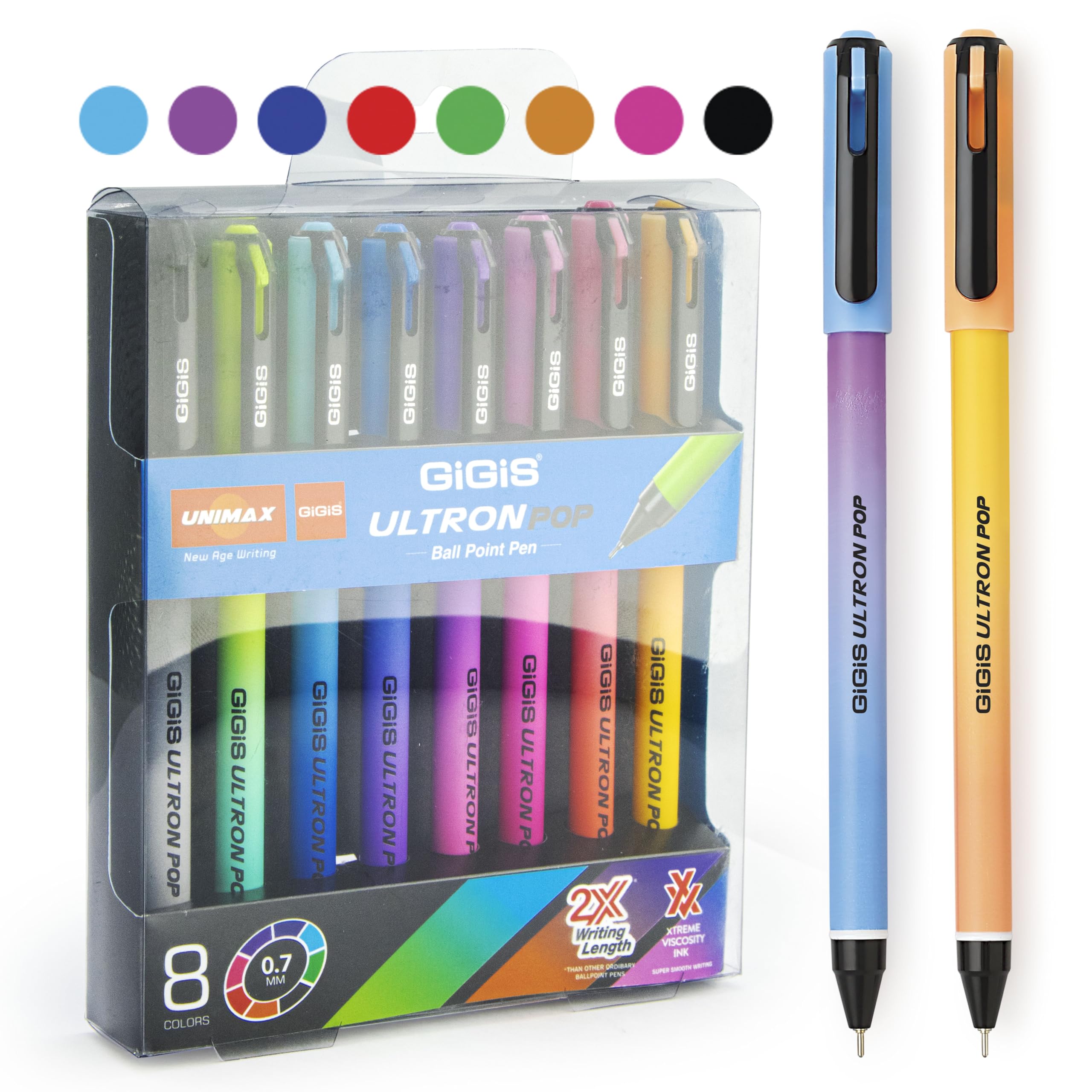 GiGiS UNIMAX Ultron Pop Multi Colour ink Ball Pens 8-Pieces, 0.7 mm Tip Size Ballpen