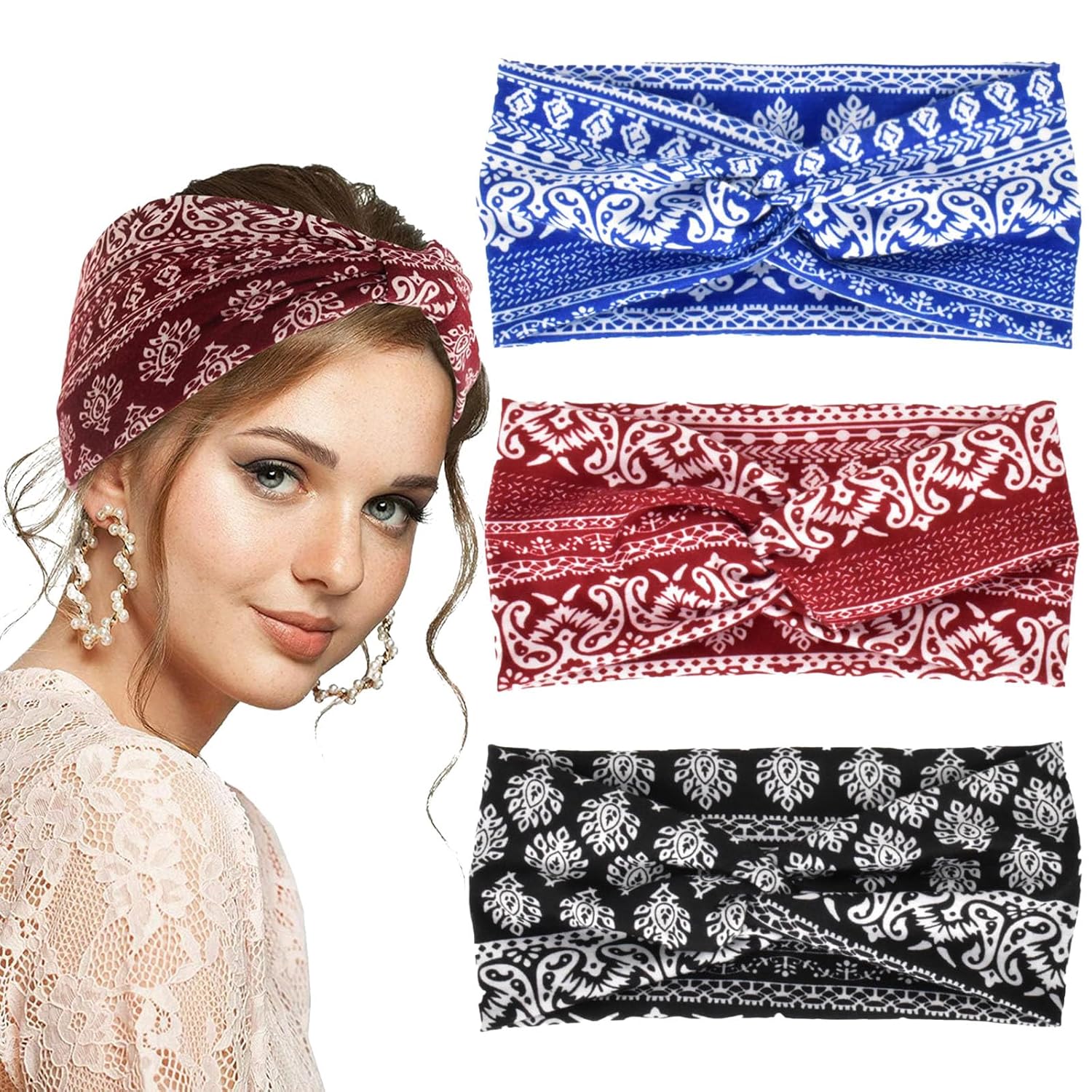 3 Pcs Hair Bands for Women, Bohemian Headbands, Wide Elastic Hair Accessories for Workout, Yoga, Fashion, Black Red Blue Head Bands for Women 3 Pcs Hair Bands for Women, Bohemian Headbands, Wide Elastic Hair Accessories for Workout, Yoga, Fashion, Black Red Blue Head Bands for Women