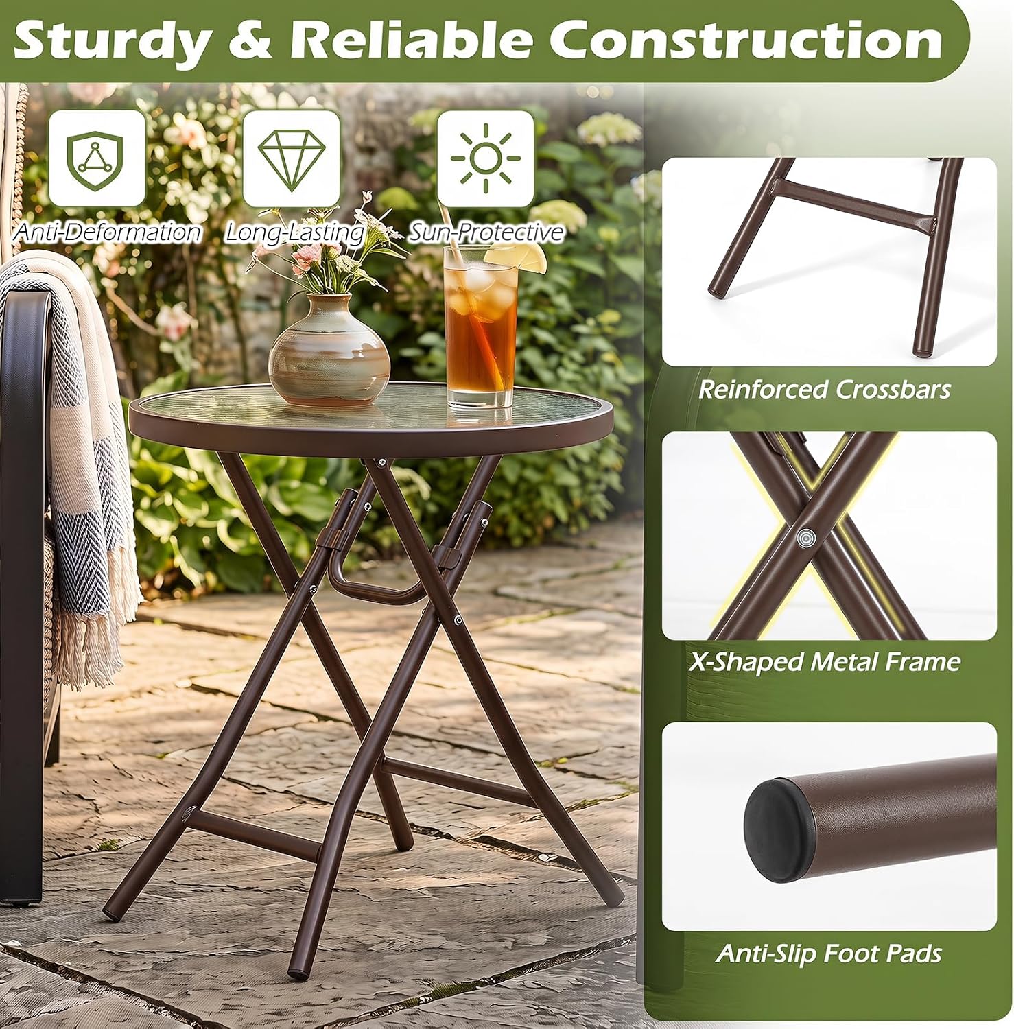 GIANTEX Folding Side Table w/Tempered Glass Tabletop & Metal Frame Set of 2