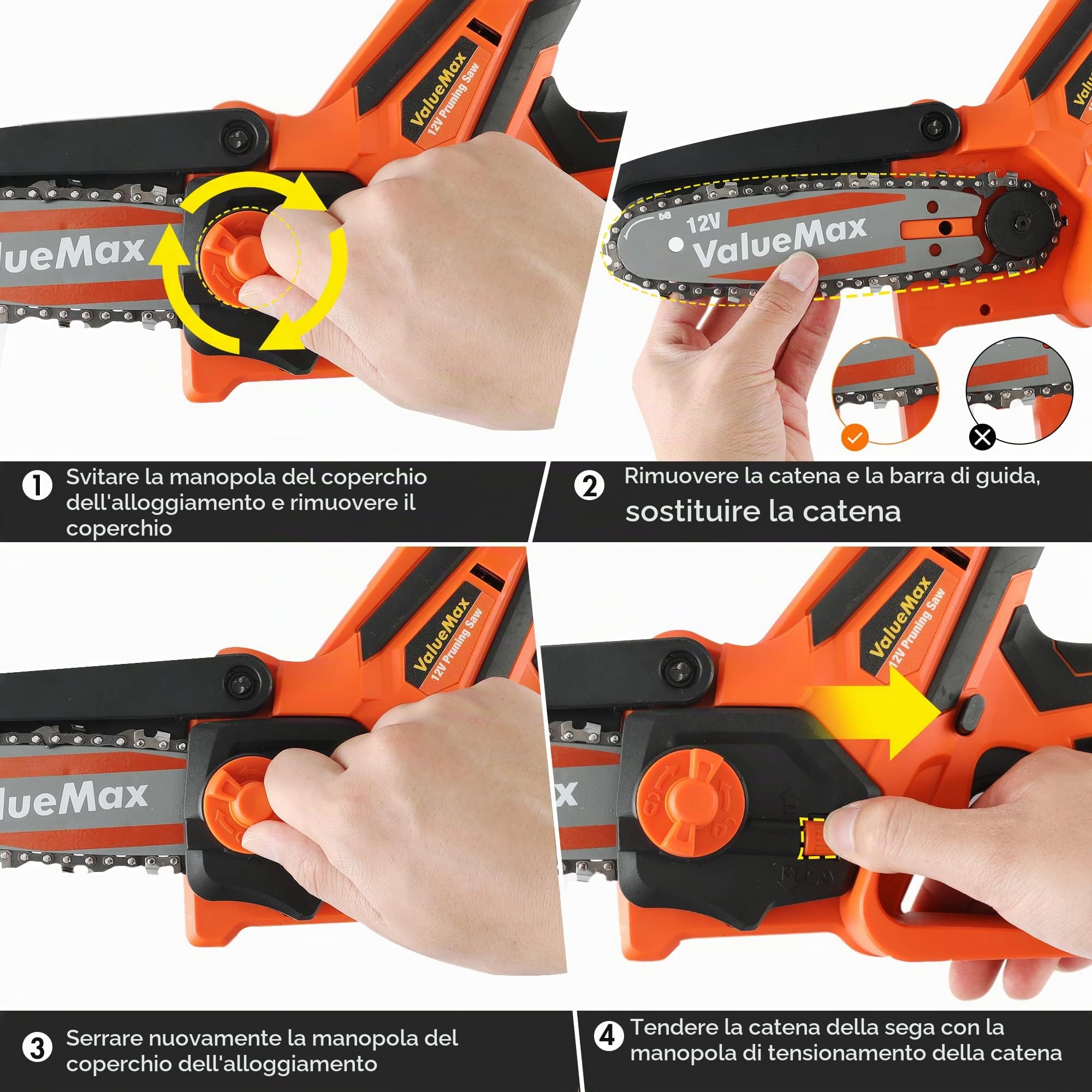 ValueMax Mini Motosega a Batteria 12V, Motosega Elettrica Portatile Senza Filo 11cm (4 Pollici), Sega per Potatura con Caricatore, 2 Batterie da 2,0Ah e Custodia in Plastica Portatile